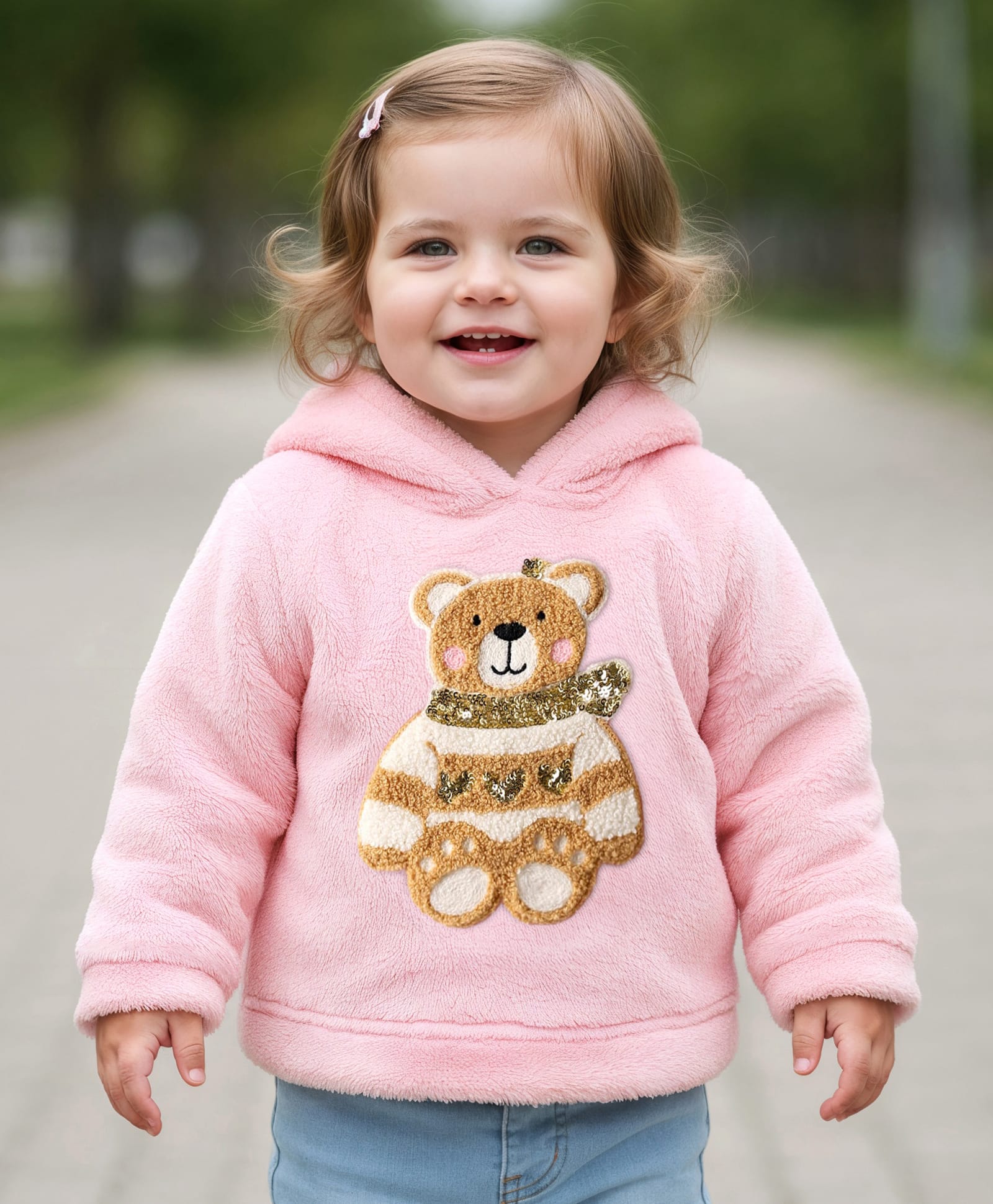 Little Kangaroos Woven Full Sleeves Hooded Fur Sweatshirt with Bear Embroidery & Sequin Detailing - Baby Pink-image-18