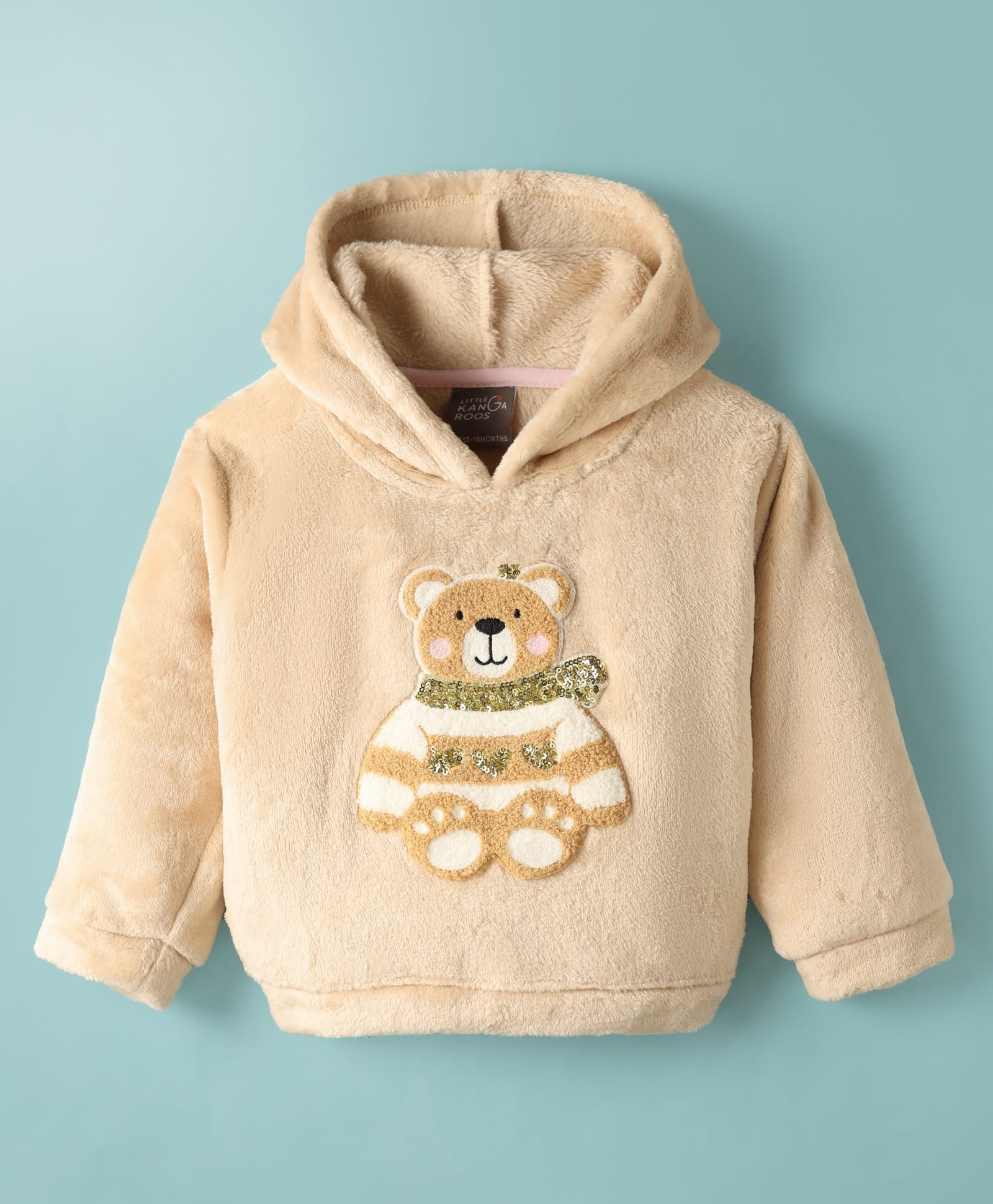 Little Kangaroos Woven Full Sleeves Hooded Fur Sweatshirt with Bear Embroidery & Sequin Detailing - Cream-image-26