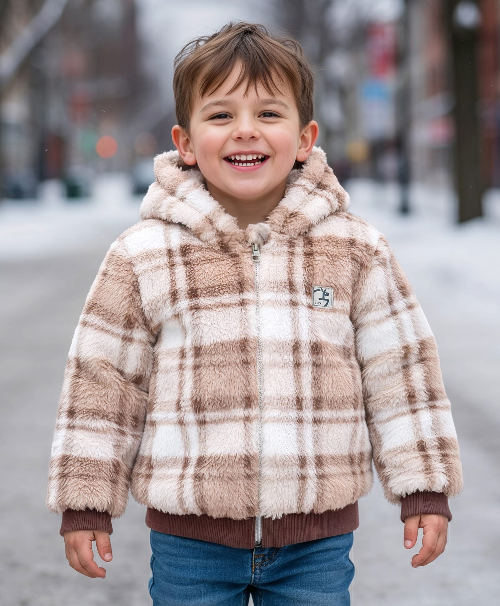 Little Kangaroos Drop Shoulder Full Sleeves Checkered Hooded Winter Jacket - Brown-picture-19