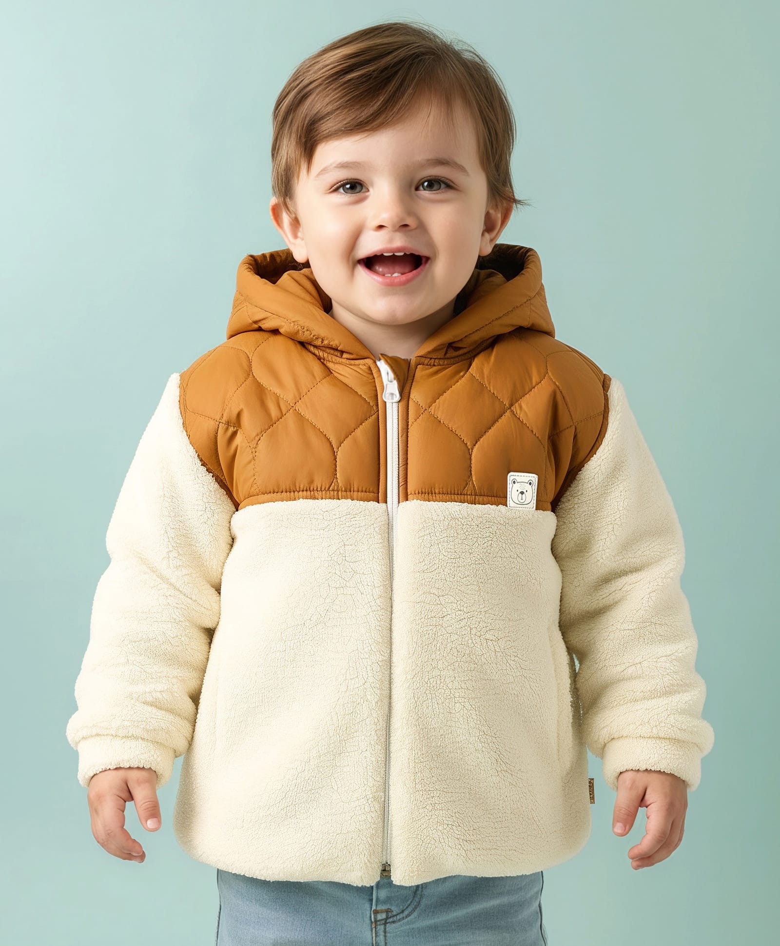 Little Kangaroos Woven Full Sleeves Hooded Winter Jacket With Quilt Design - Off White & Brown-picture-27