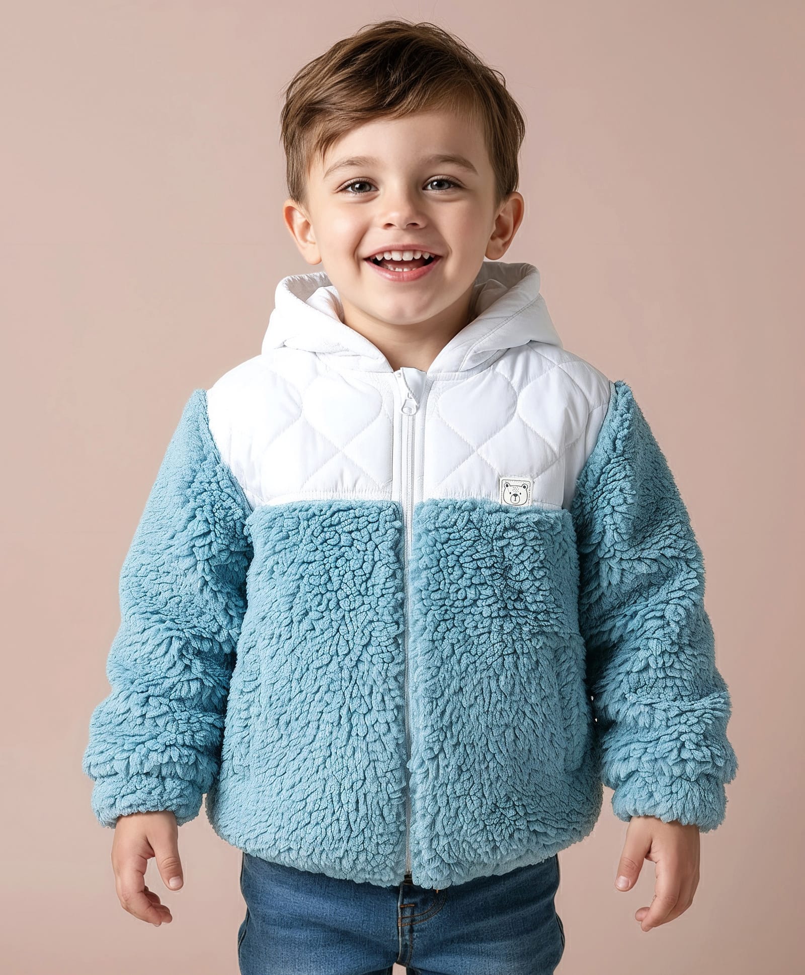 Little Kangaroos Woven Full Sleeves Hooded Winter Jacket With Quilt Design - Blue & White-picture-26