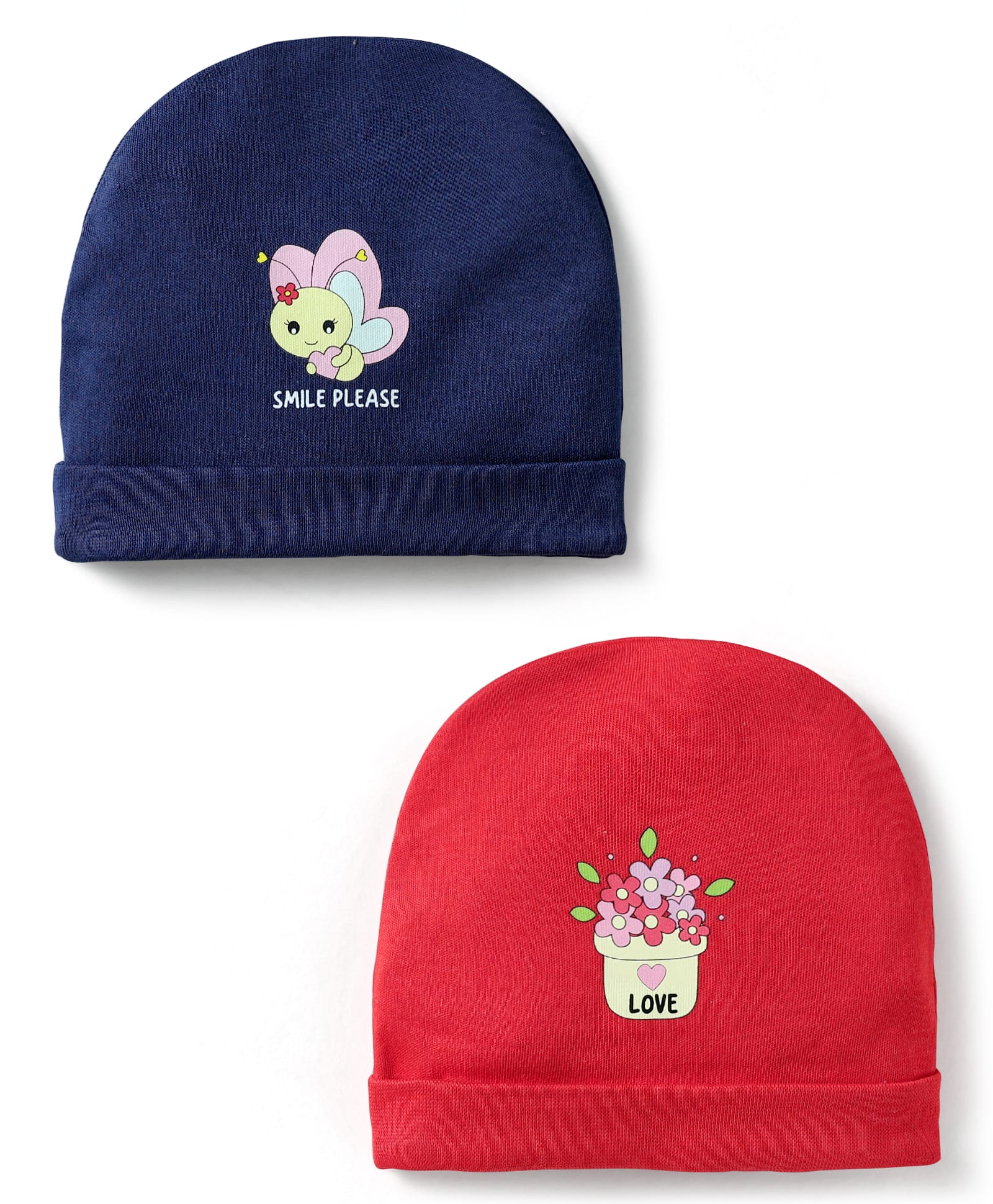 Doodle Poodle Interlock Cotton Knit Caps with Honey Bee & Floral Print Pack of 2 Red & Navy Blue - Demeter 11.5 cm-image-34