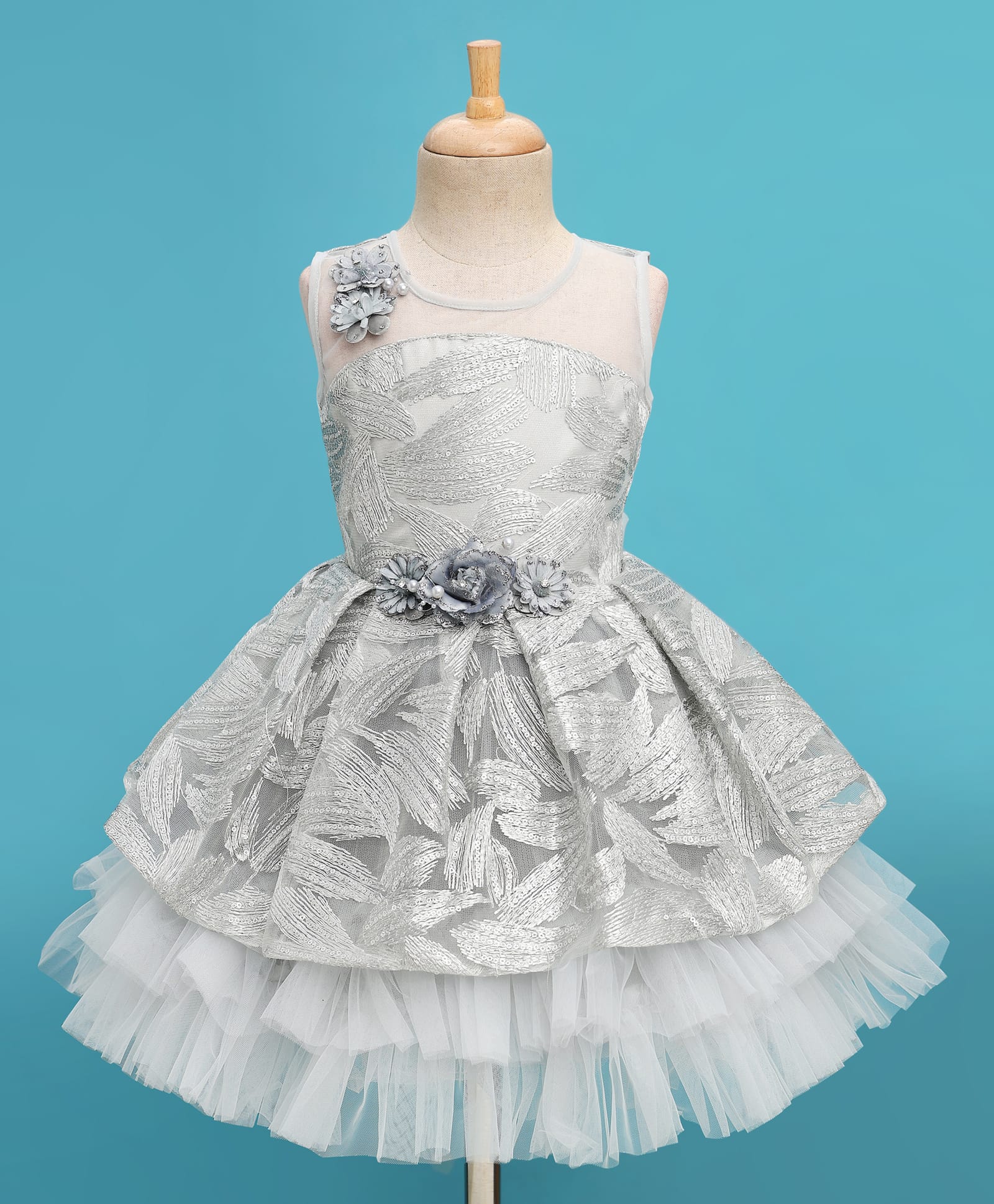 Enfance Sleeveless Flower Applique Detailed & Sequins Embellished Knee Length Dress - Grey-image-37