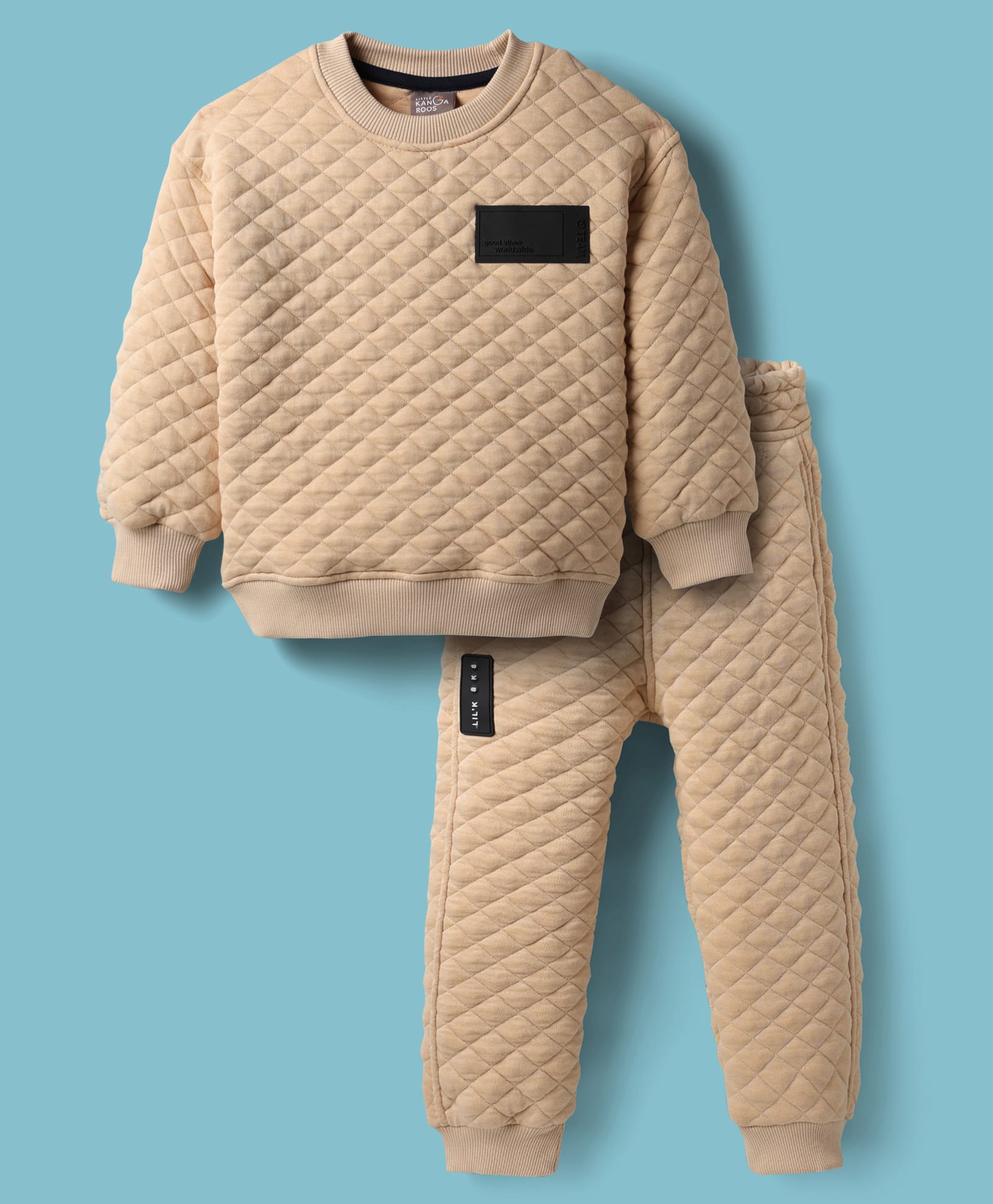 Little Kangaroos Woven Winter Wear Quilted Sweatshirt & Lounge Pant Set with Patch Detailing - Tan-image-35