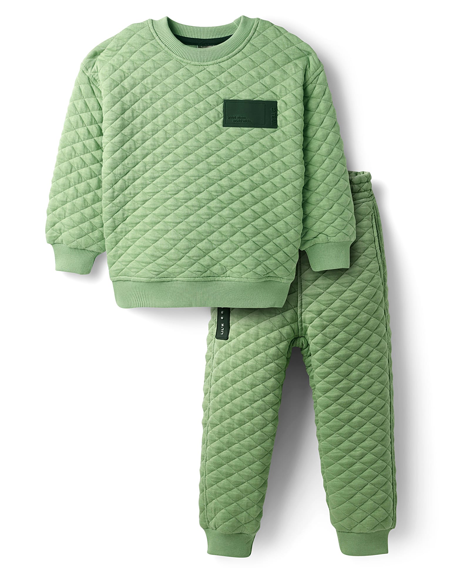 Little Kangaroos Woven Winter Wear Quilted Sweatshirt & Lounge Pant Set with Patch Detailing - Green-picture-18
