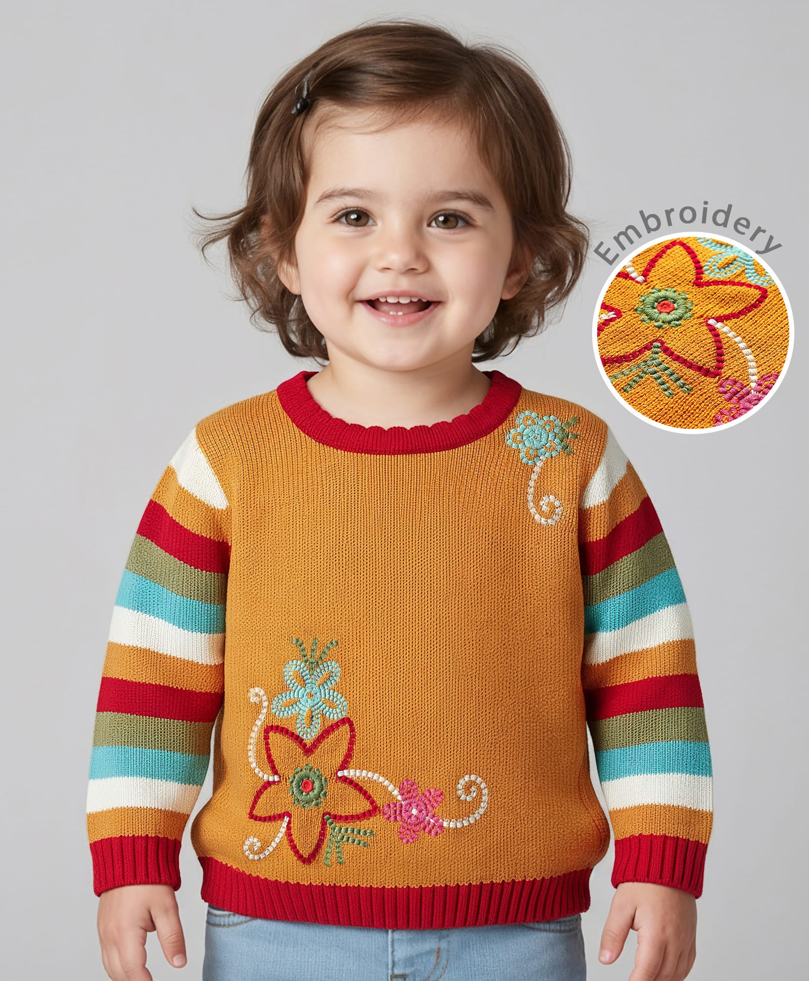 Babyoye 100% Cotton Full Sleeves Stripes Pullover Sweater with Floral Embroidery - Mustard-picture-26