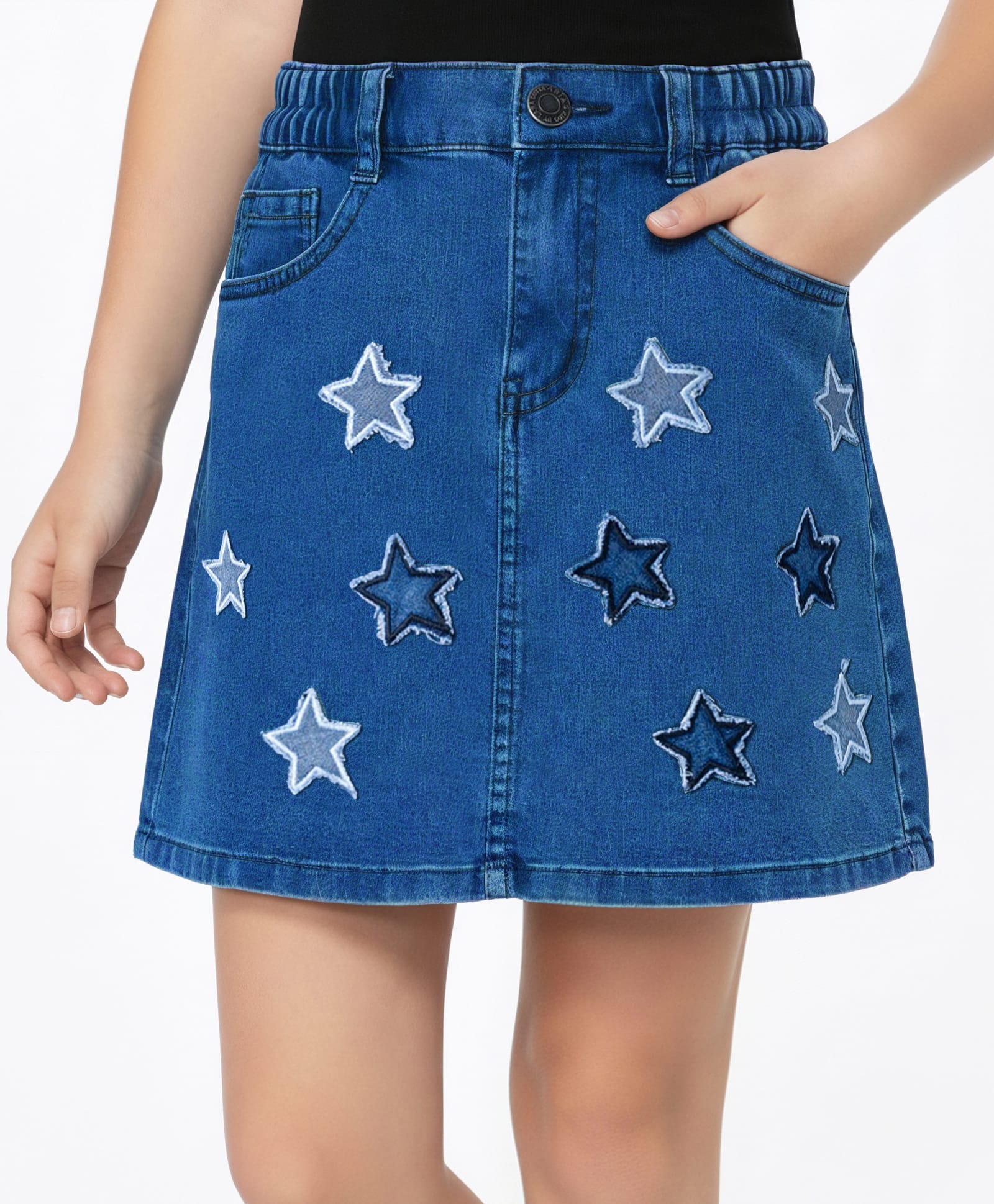 arias by lara dutta Arias Cotton Woven A-line Dark Washed Skirt With Star Applique - Blue-picture-34