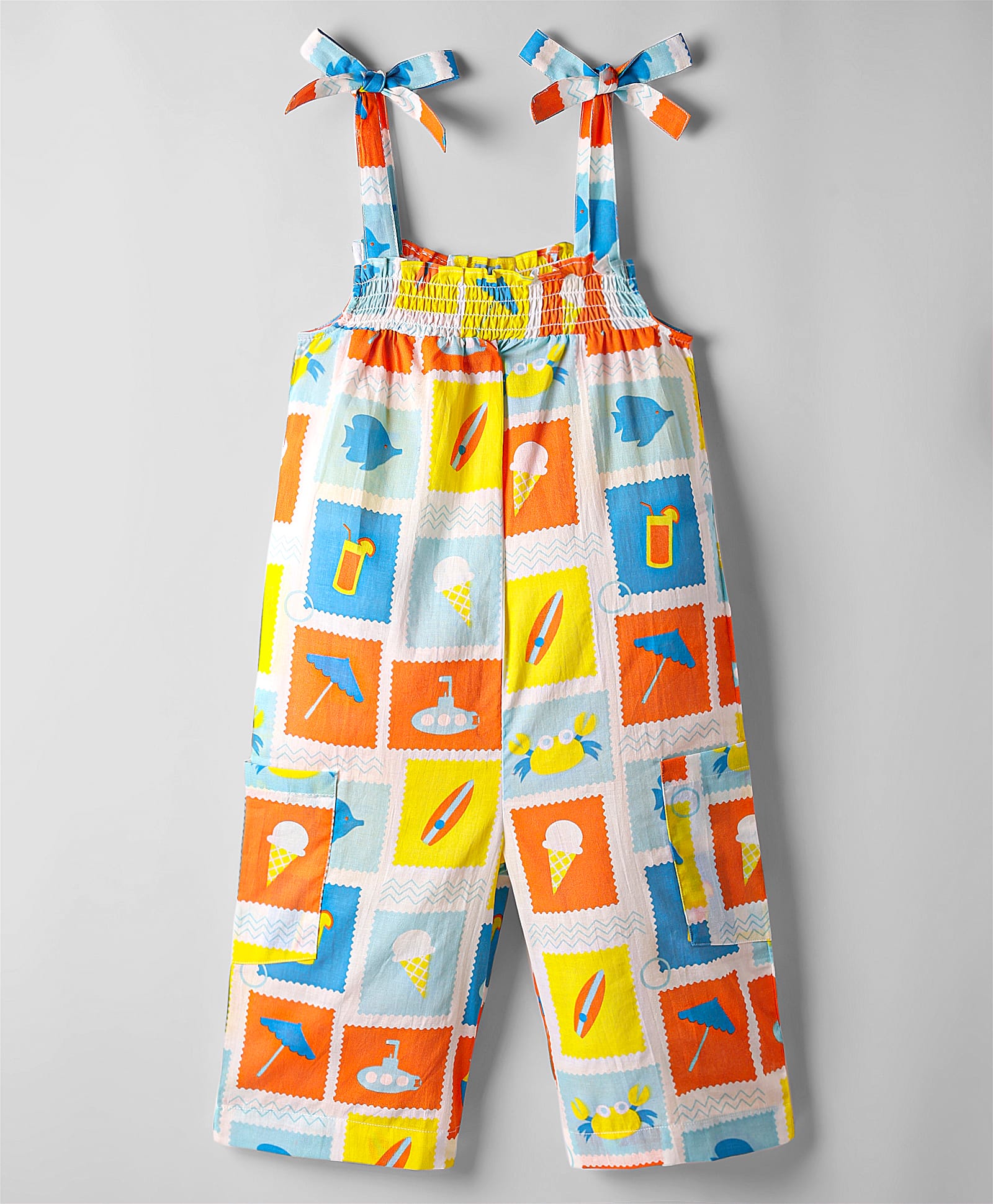 Kookie Kids Cotton Woven Sleeveless Jumpsuit With Beach Theme Print & 2 Pockets - Multicolor