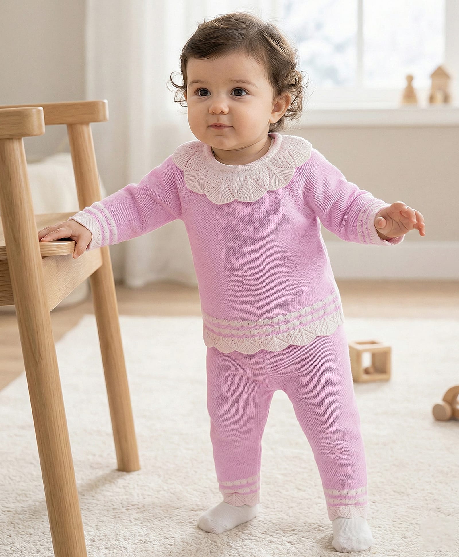 Babyoye 100% Cotton Knit Full Raglan Sleeves Sweater Set with Lace Detailing - Pink-image-45