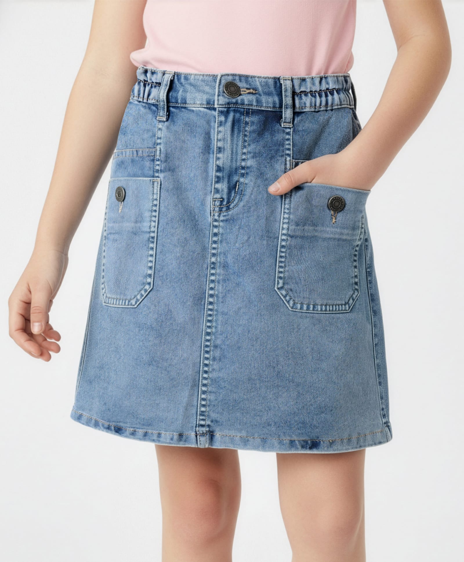 Arias Cotton Stretch Medium Wash Denim Skirt with Patch Pockets - Blue-image-49
