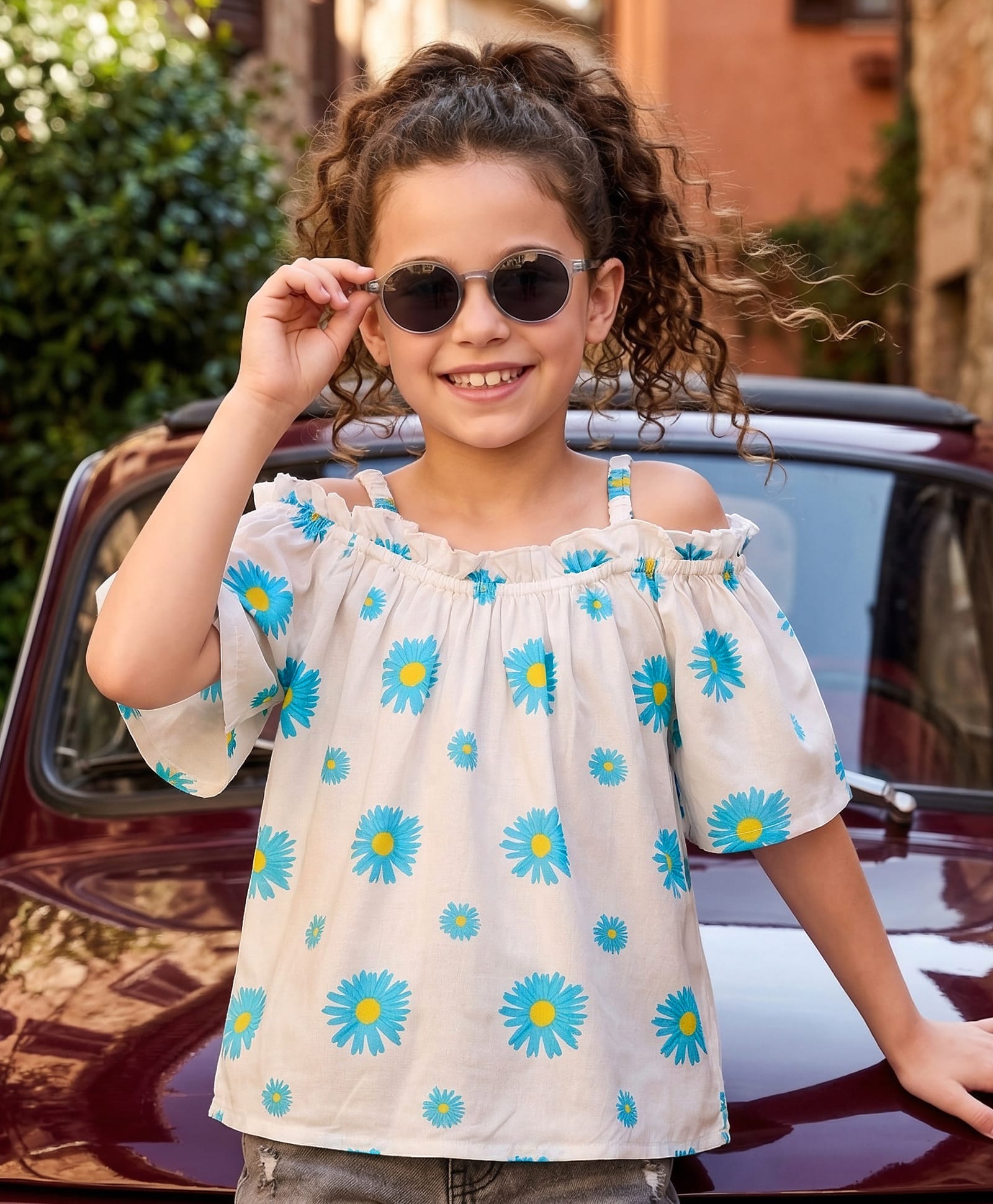 Kookie Kids Rayon Woven Half Sleeves Top With Floral Print - White-image-6