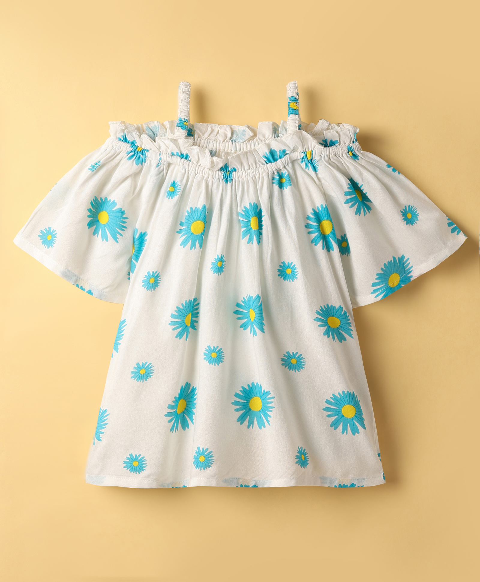 Kookie Kids Rayon Woven Half Sleeves Top With Floral Print - White