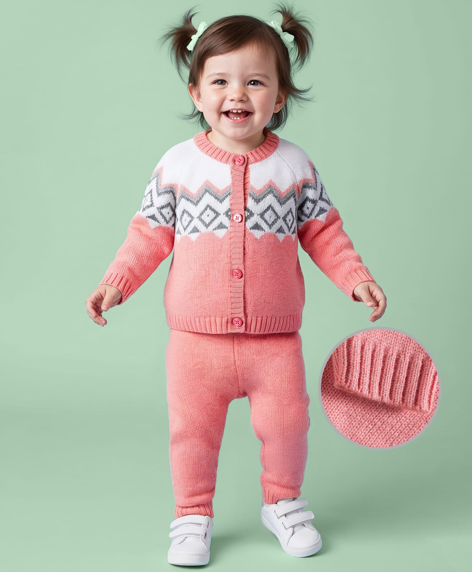 Babyoye Cotton Knit Full Raglan Sleeves Front Open Sweater Set with Fair Isle Design - Pink-image-39