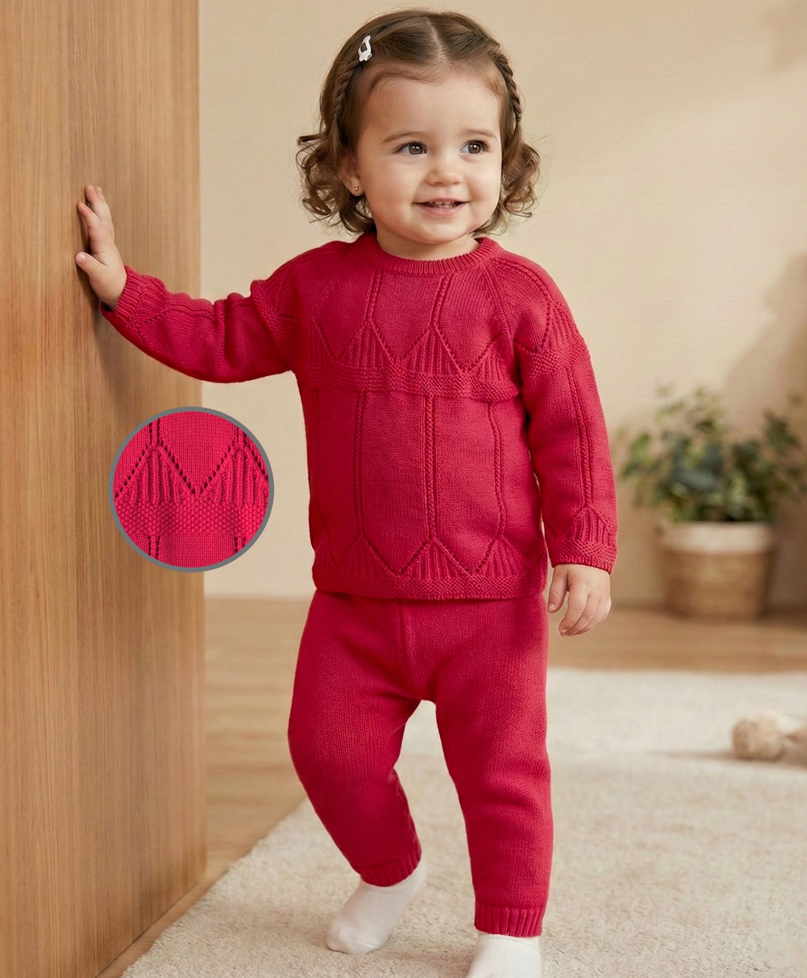 Babyoye 100% Cotton Knitted Full Raglan Sleeves Solid Sweater Set - Red-image-44