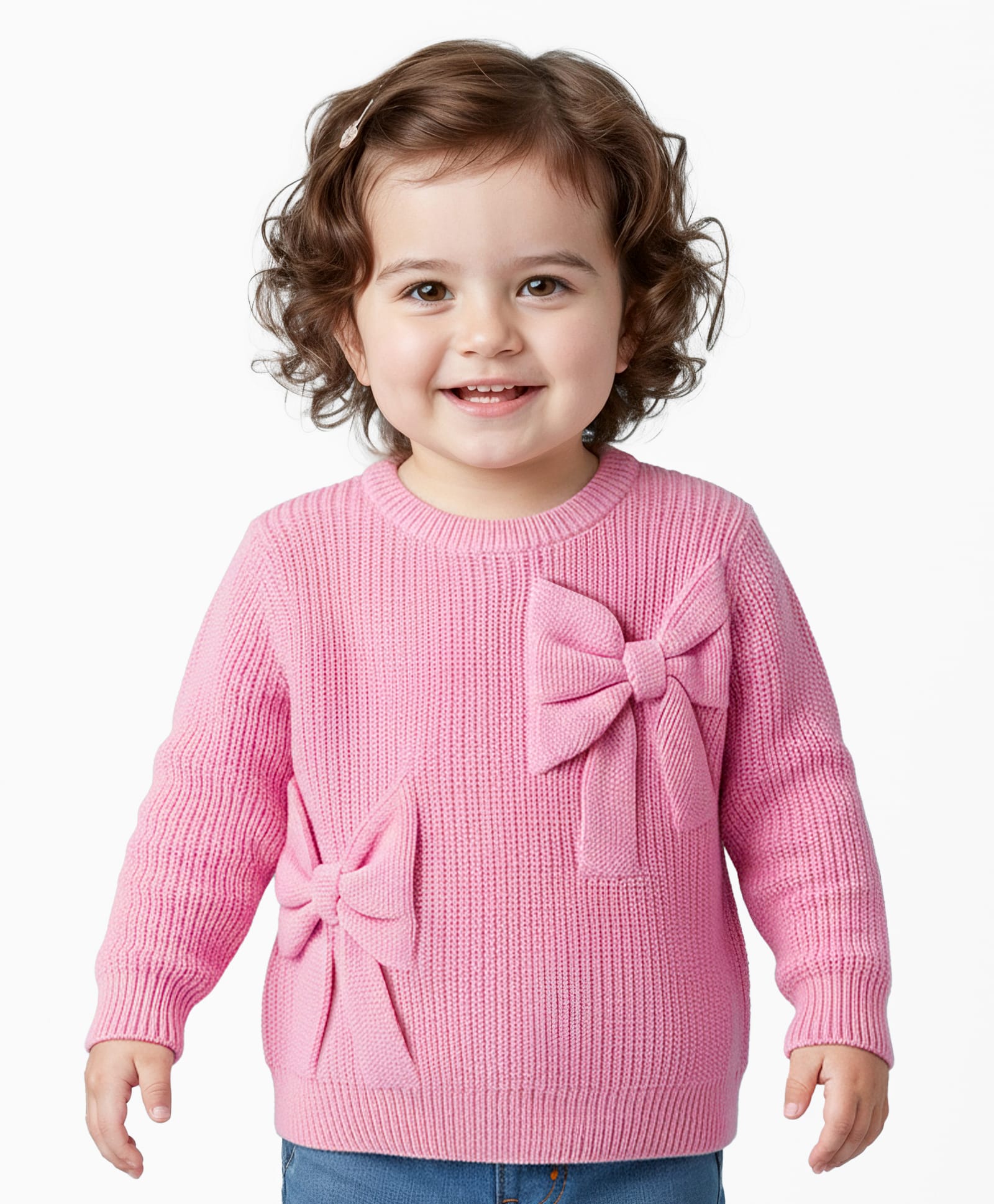 Babyoye 100% Cotton Knitted Full Sleeves Pullover Sweater With Bow Applique - Pink-picture-23