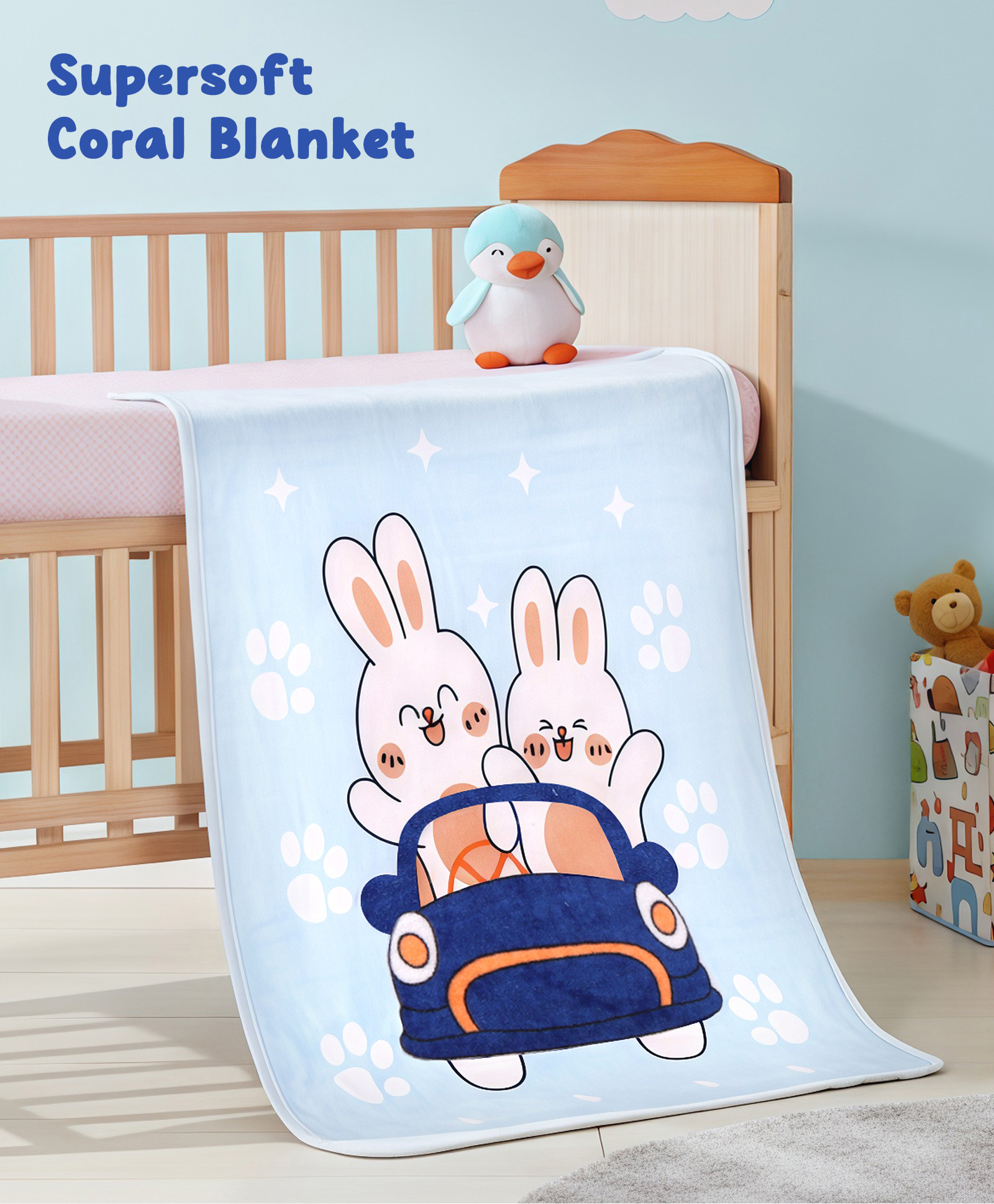 ZOE Supersoft Coral Blanket Bunny in Car Print - Blue| Machine Washable| Soft Breathable Material| Wrinkle Resistant| Quick Dry-picture-17