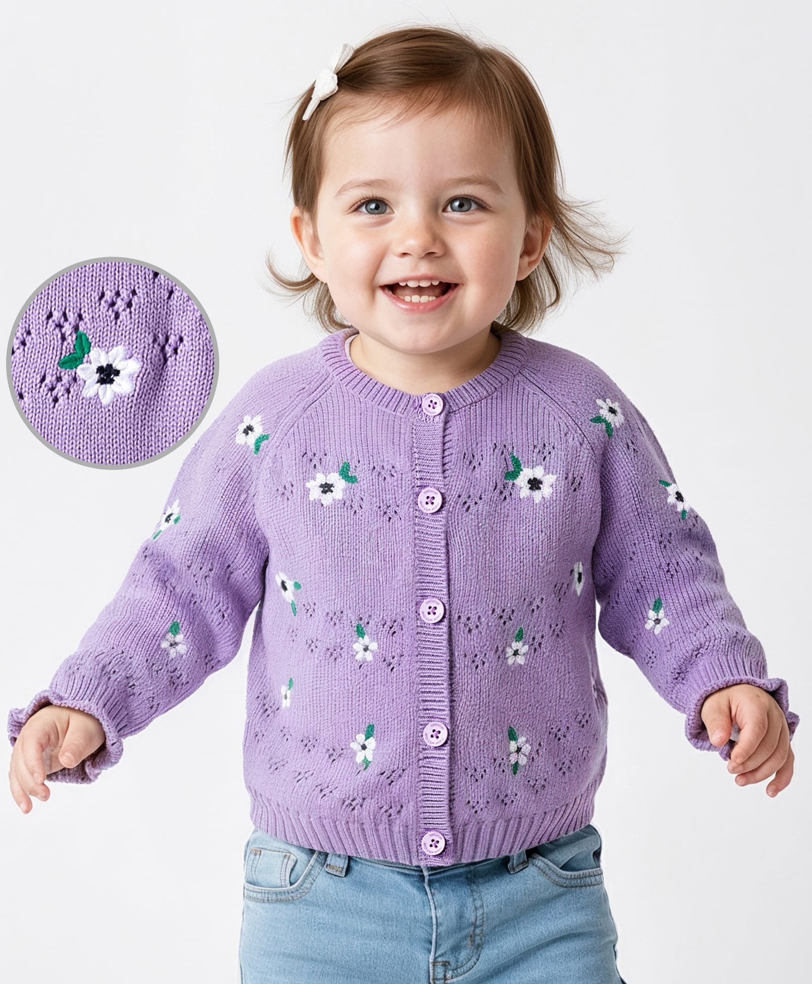 Babyoye 100% Cotton Knit Full Sleeves Front Open Sweater with Floral Embroidery & Frill Detailing - Purple-picture-28