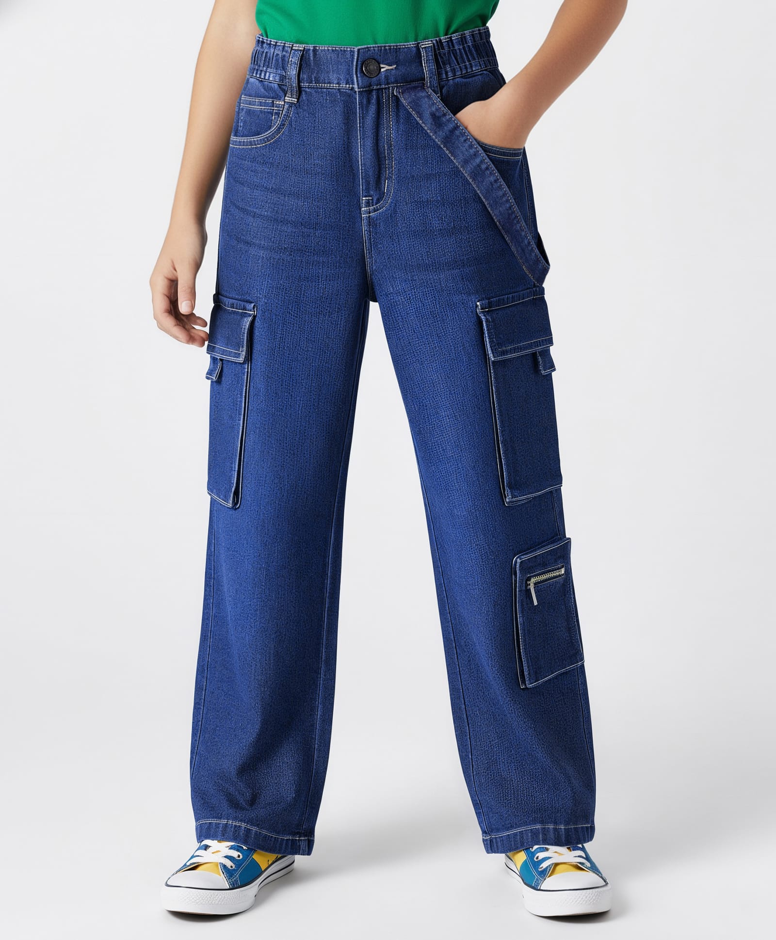 Arias Cotton Elastane Woven Full Length Solid Color Denim Jeans With Cargo Pockets - Blue-image-27