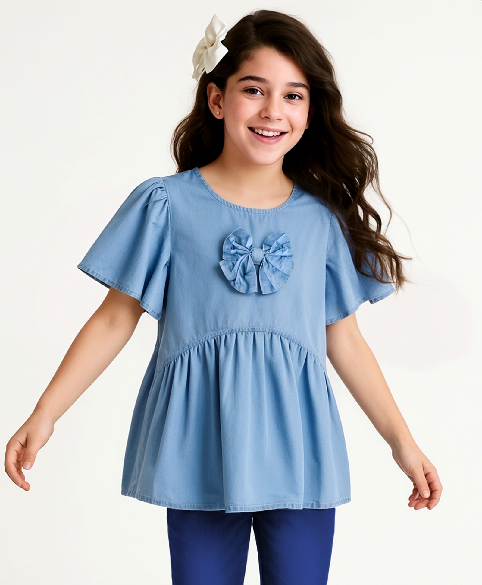 Arias Cotton Denim Half Flutter Sleeves Washed Peplum Top With Bow Applique - Light Blue-image-40