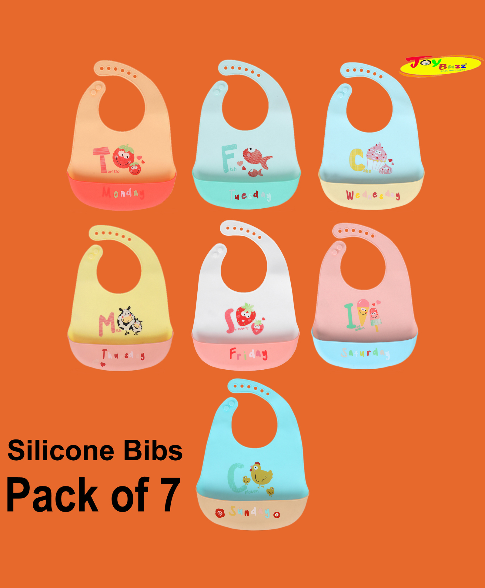 JOY BUZZ Joy Buzz Waterproof Silicone Bibs For Baby With Crumb Catcher Pocket With 6 Point Adjustable Closure Pack of-7 Days Bibs - Multicolor-image-10