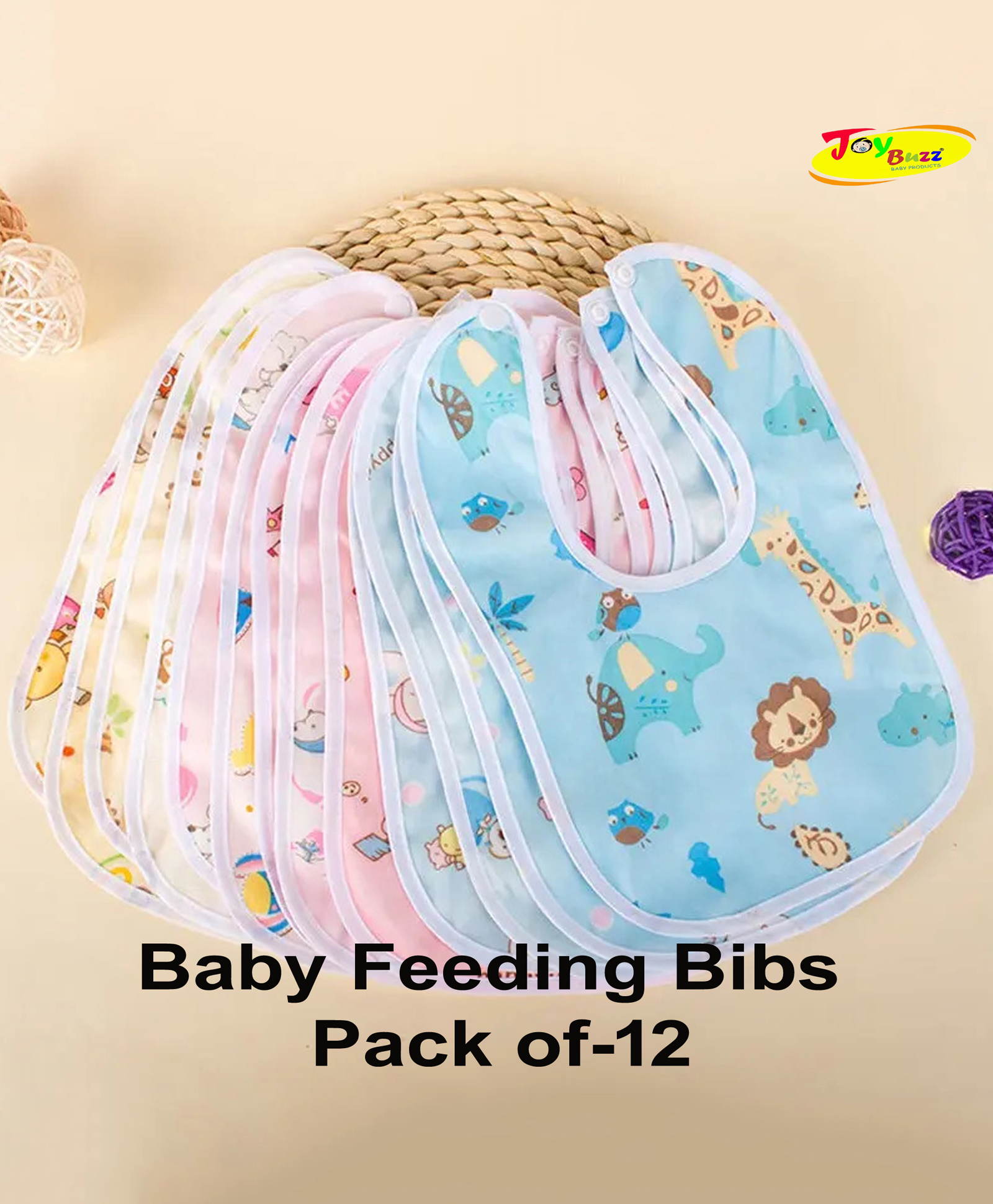 JOY BUZZ Joy Buzz Waterproof Feeding Bibs with Snap Button Closure Printed Pack of 12- Multicolor-image-18