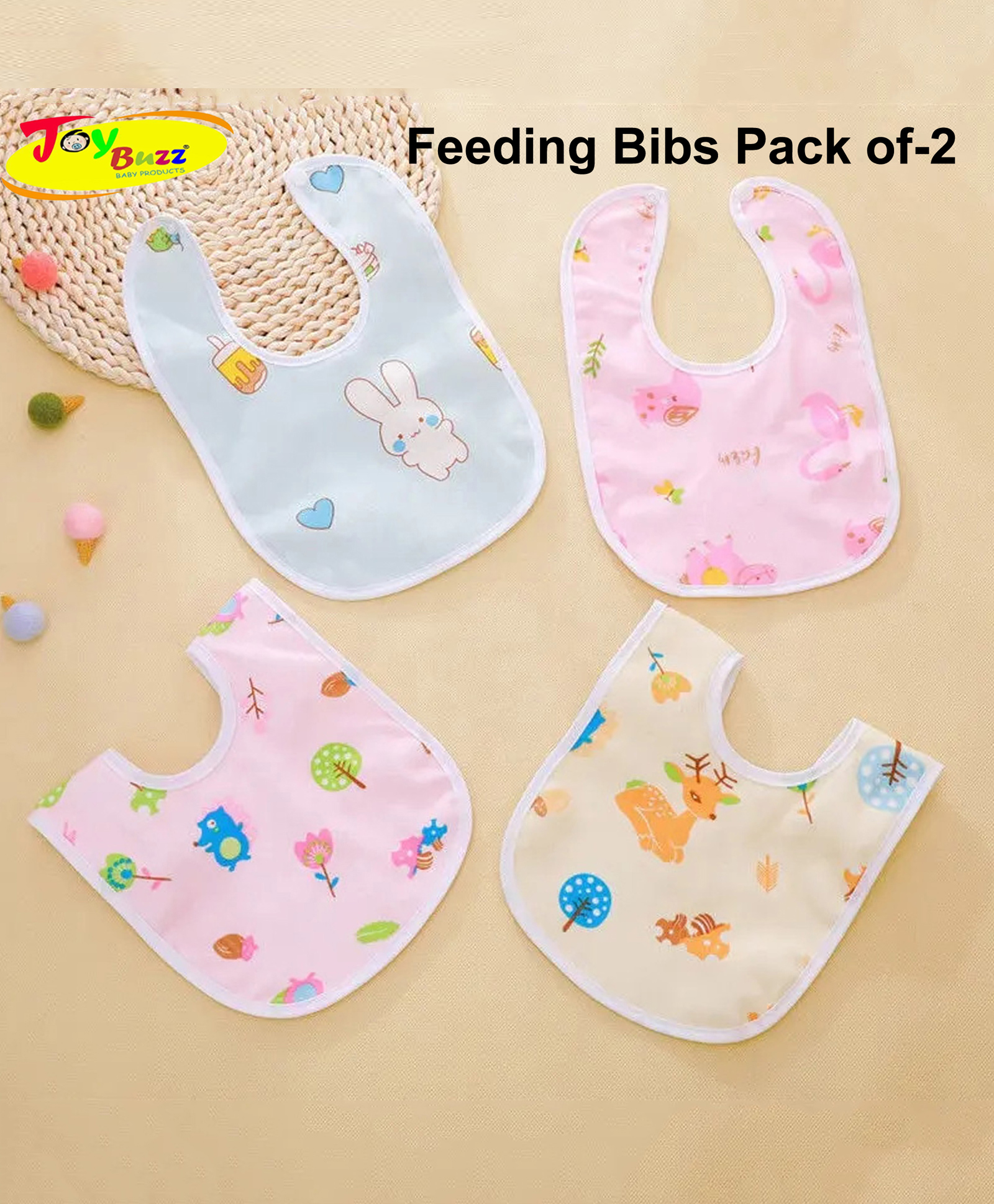 JOY BUZZ Joy Buzz Waterproof Feeding Bibs with Snap Button Closure Printed Pack of 2- Multicolor-image-20
