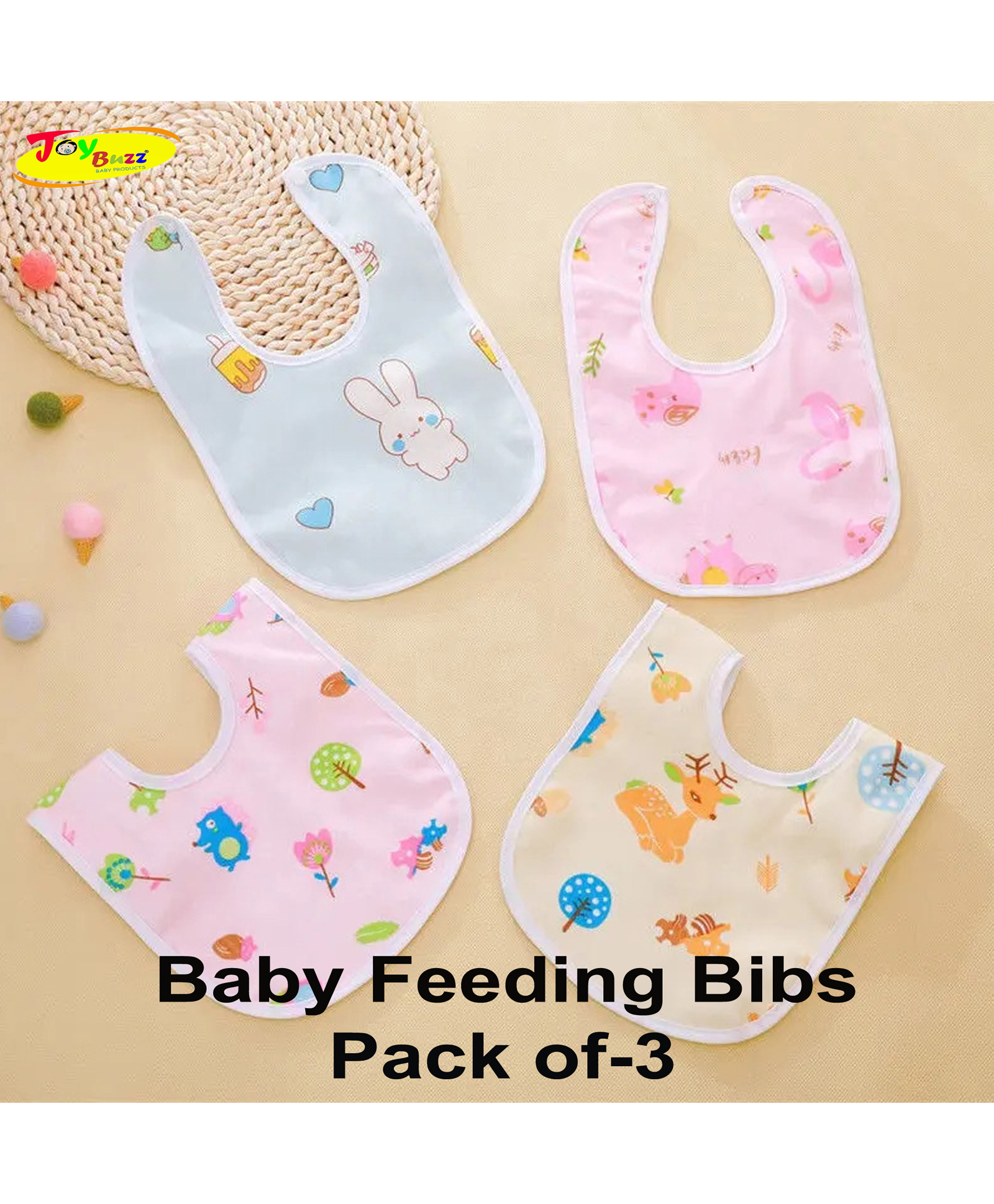 JOY BUZZ Joy Buzz Waterproof Feeding Bibs with Snap Button Closure Printed Pack of 3- Multicolor-image-19