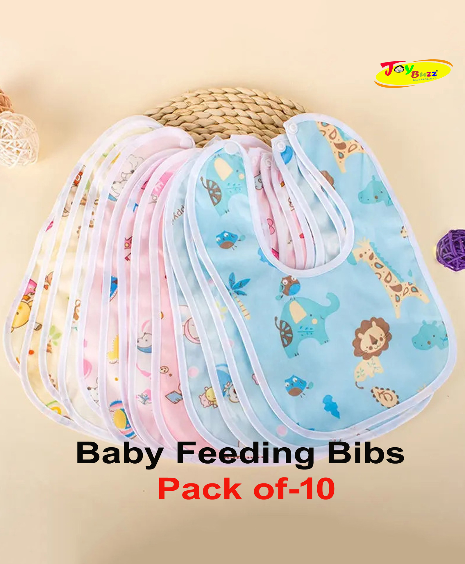 JOY BUZZ Joy Buzz Waterproof Feeding Bibs with Snap Button Closure Printed Pack of 10- Multicolor-image-8