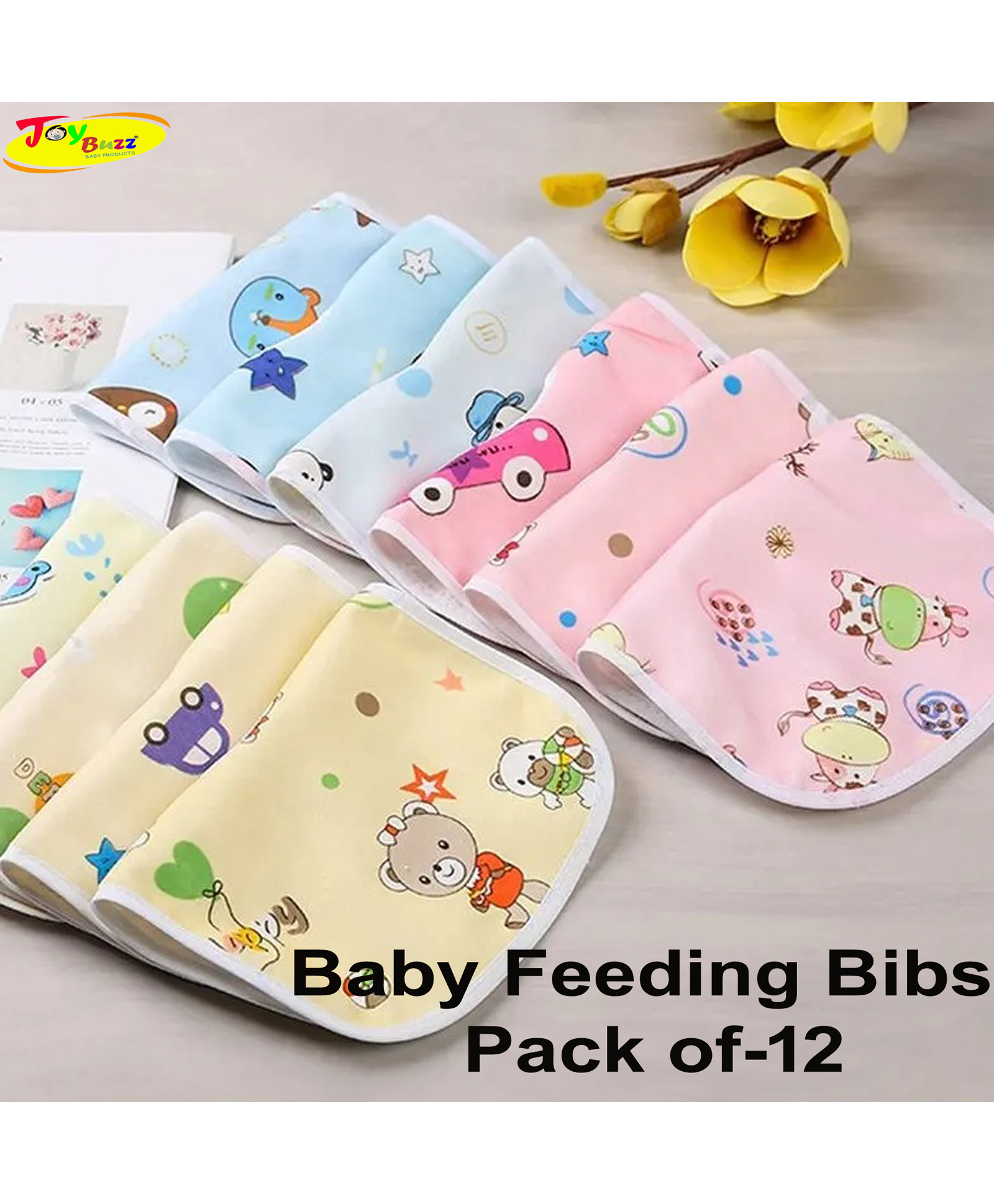 JOY BUZZ Joy Buzz Waterproof Feeding Bibs with Snap Button Closure Printed Pack of 12- Multicolor-picture-32