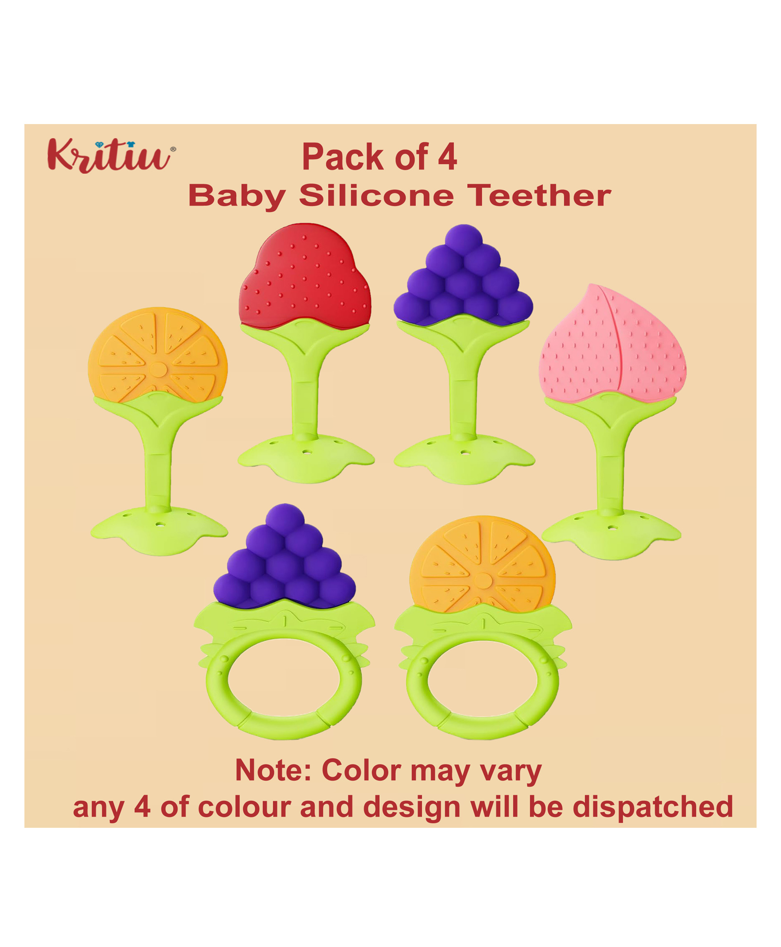 Kritiu Baby Silicone Teether, Fruit Teether For Toddlers,100% Food Grade Silicone Teether, Non-Toxic & Latex Free Suitable For Kids Above 6 Months+-Multicolor-(Pack of 4)-picture-1