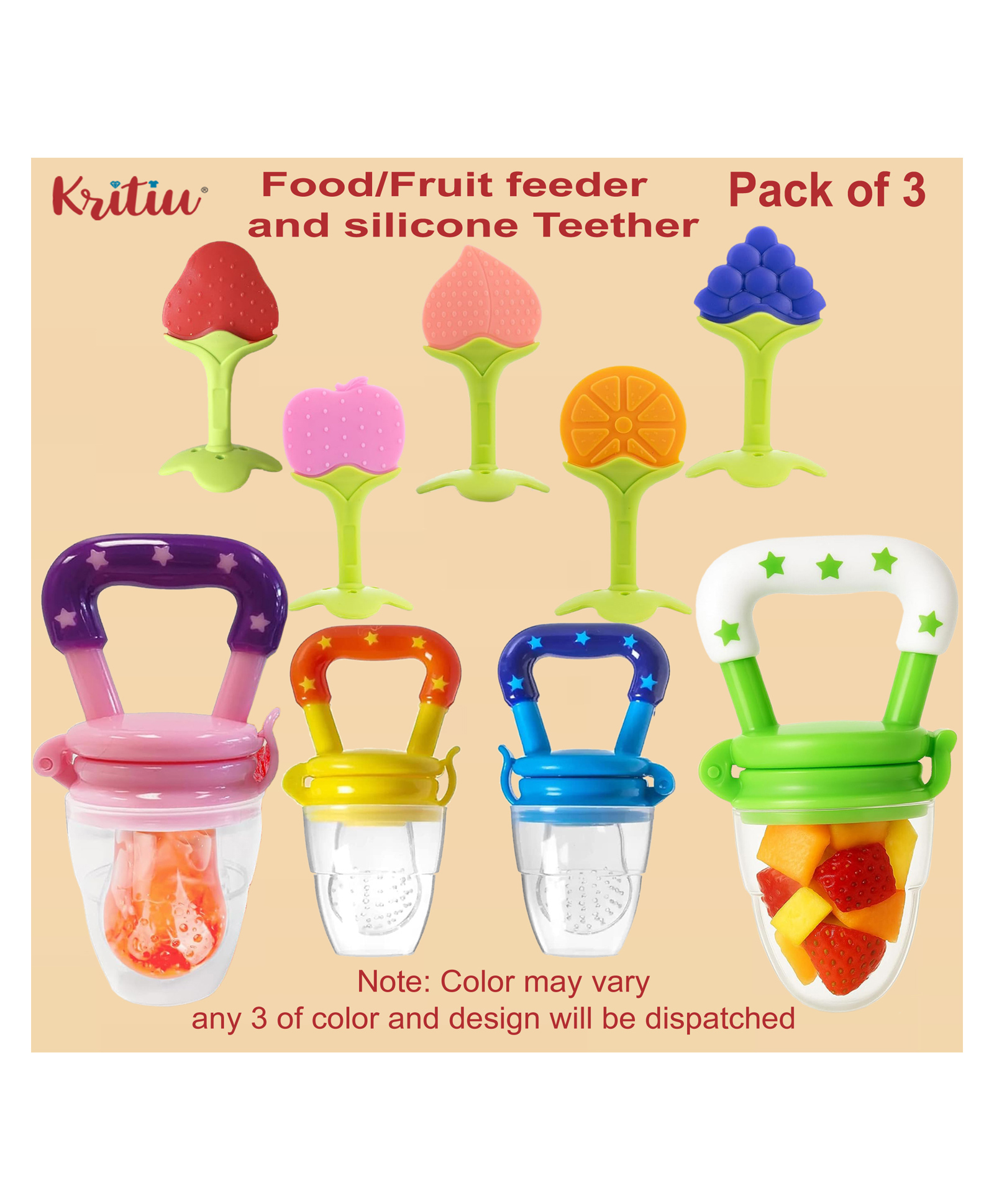 Kritiu 100% Silicone food fruit nibbler soft pacifier feeder teether for 3-24 months infant baby elegant BPA Free-(Pack of 3)-Color may vary-image-25