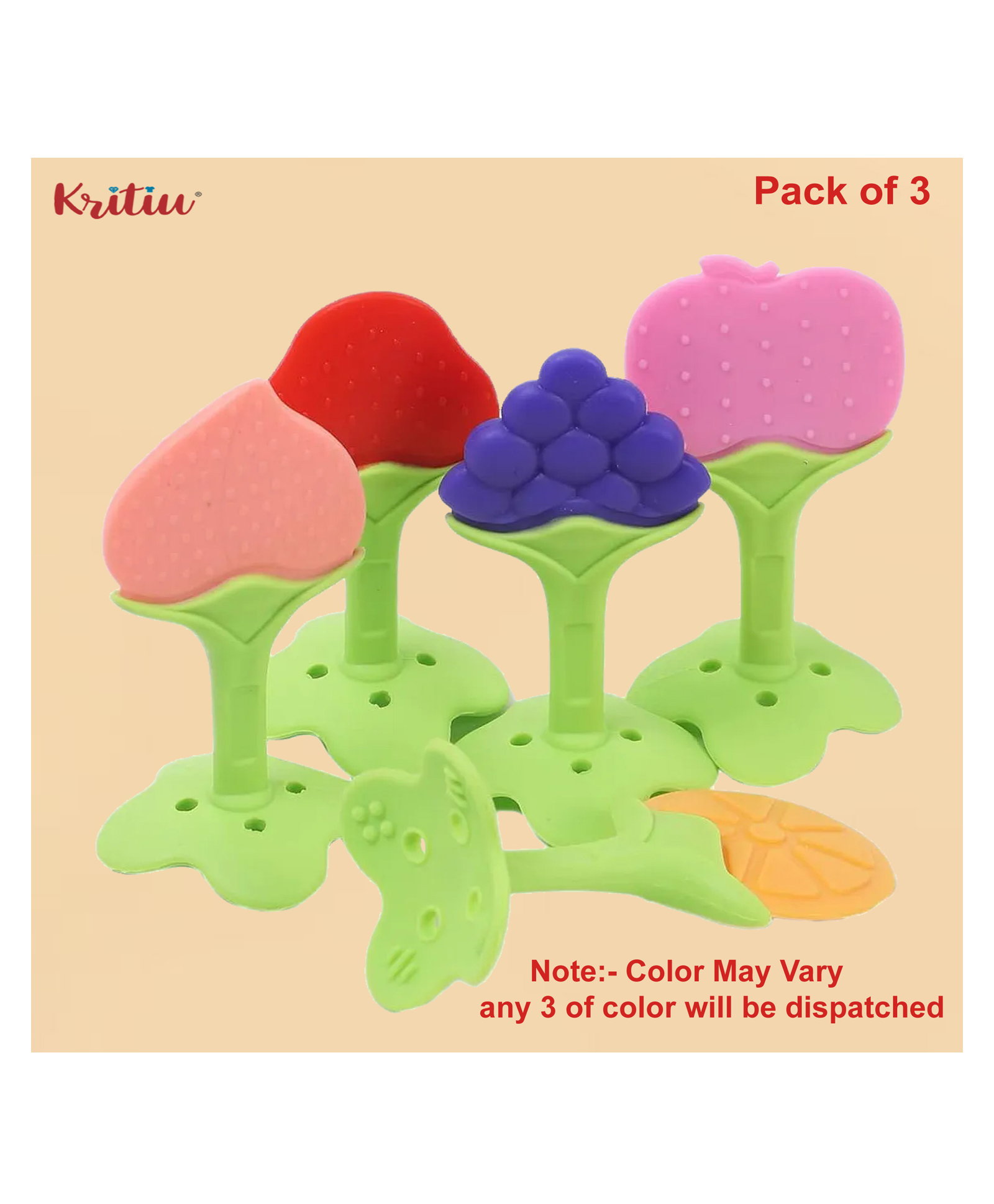 KRITIU Kritiu Baby Teething Silicone BPA Free Natural Organic Freezer Safe Teethers for Newborn Infant, Soft & Textured - Babies Shower Gift (Pack of 3) Multicolor (Color and design may vary)-picture-20