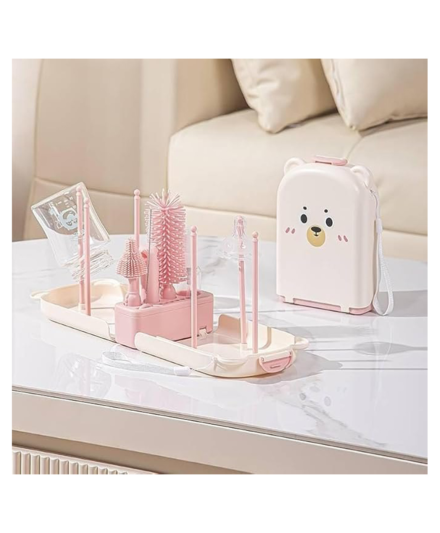Tony Stark Non-Toxic, Baby Bottle Cleaning Brushes Set with Stand for Baby Milk Bottle, Nipple, Straw,Silicone Bristle Bottle Cleaner Brush for Movable Cleaning (Blossom Bear (Pink))-image-31