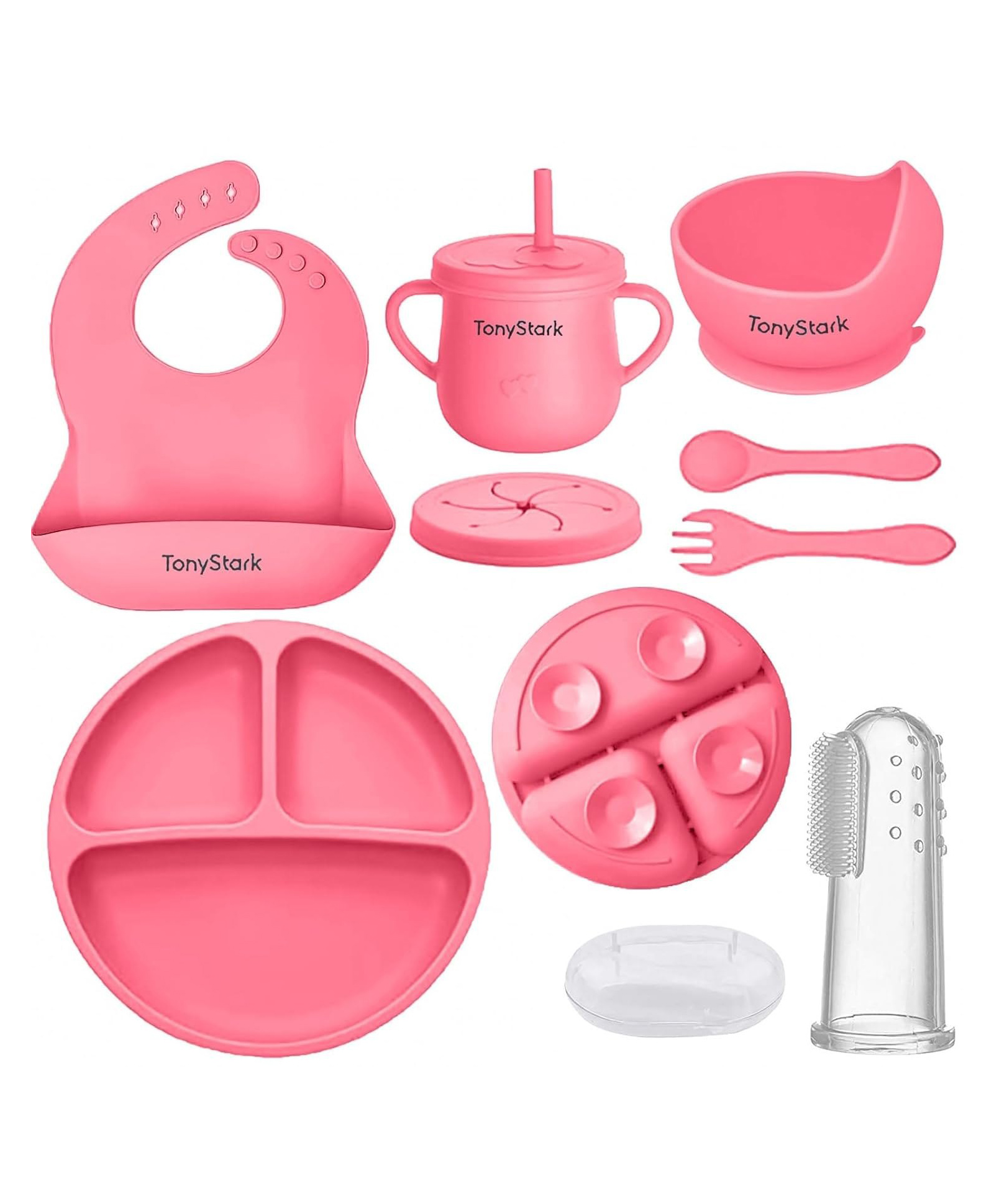 Tony Stark 6 Pcs Silicone Baby Feeding Set, BPA Free & Microwave Safe Dinner Tableware Kit - Feeding Bowl, Suction Plate, Cup, Spoon, Fork & Bib for Kids, Toddler (Pink)-image-6