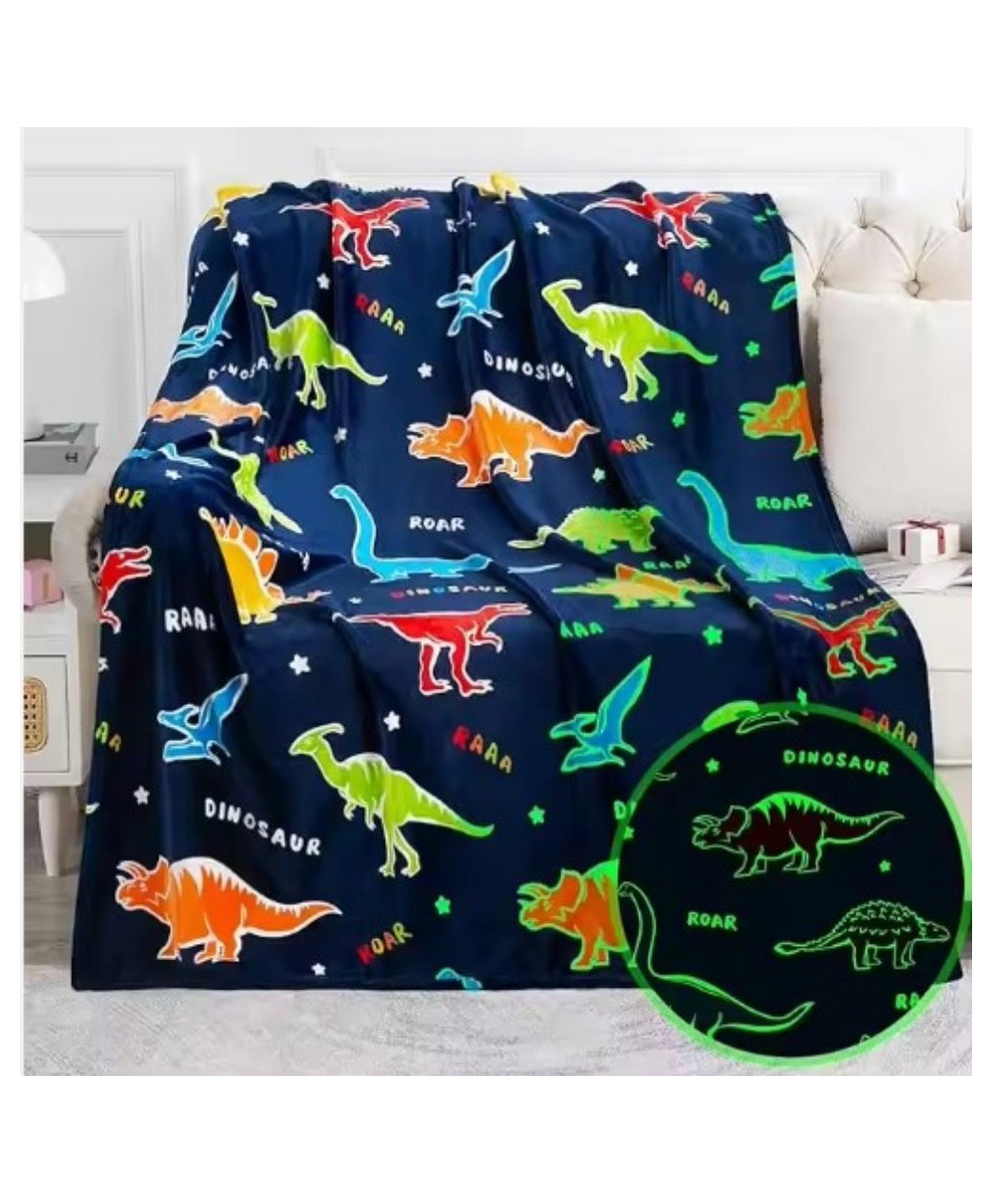 TONY STARK Big Size Unicorn Glow in The Dark Blanket for Kids,|200x152 Cm| Soft Flannel Fleece Throw, Cozy & Warm All-Season Radium Blanket for Boys & Girls (Dark Blue Dino Disco)-image-20