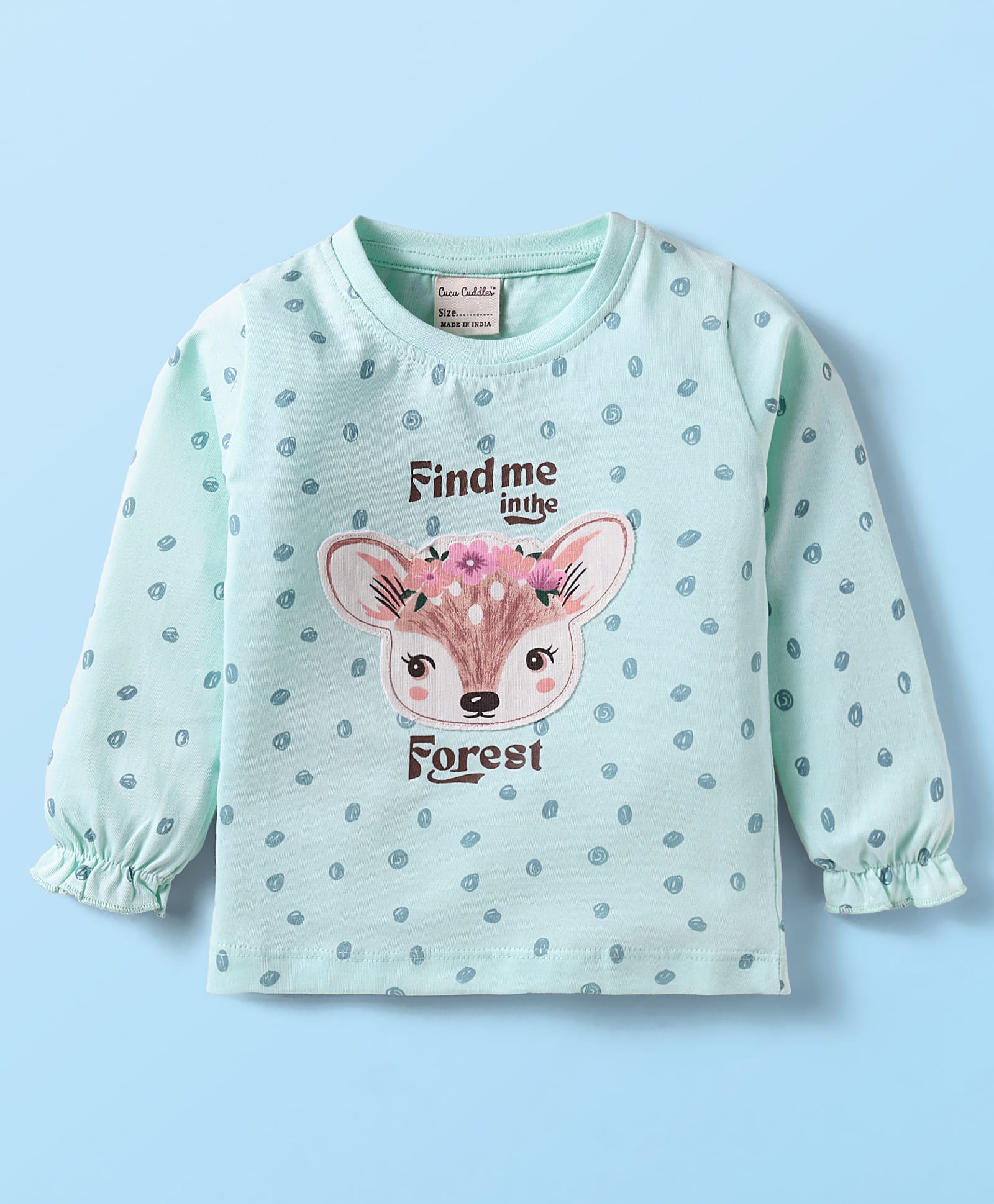 CUCUMBER Sinker Knit Full Sleeves T-Shirt with Deer Print - Aqua Blue-image-49