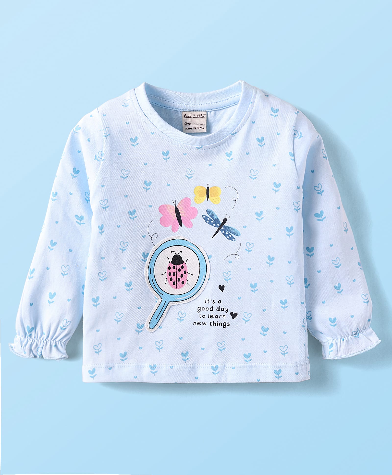 CUCUMBER Sinker Knit Full Sleeves T-Shirt with Bugs & Butterfly Print - Light Blue-picture-22