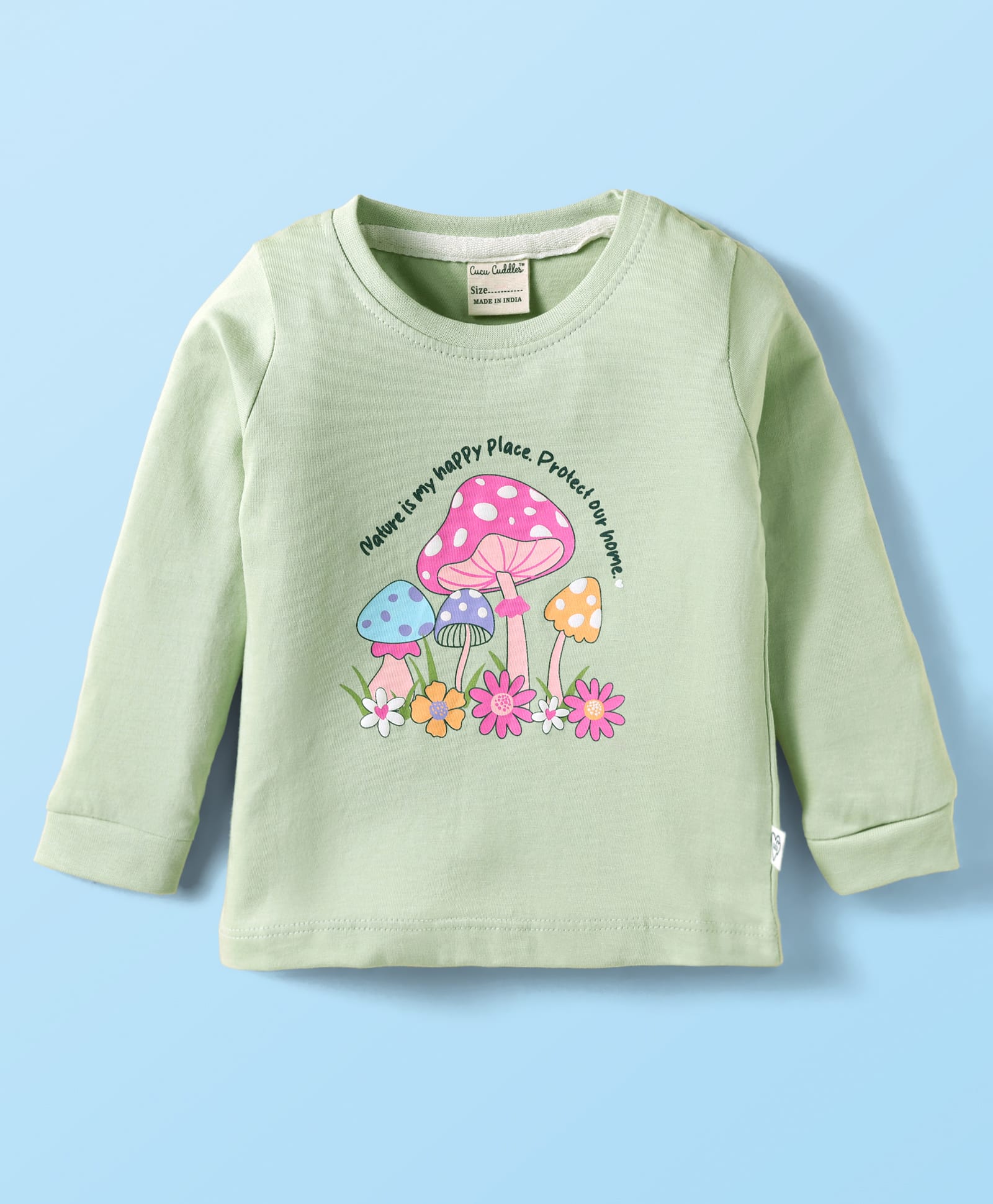 CUCUMBER Sinker Knit Full Sleeves T-Shirt with Nature Is My Happy Place Text Print - Light Green-image-8