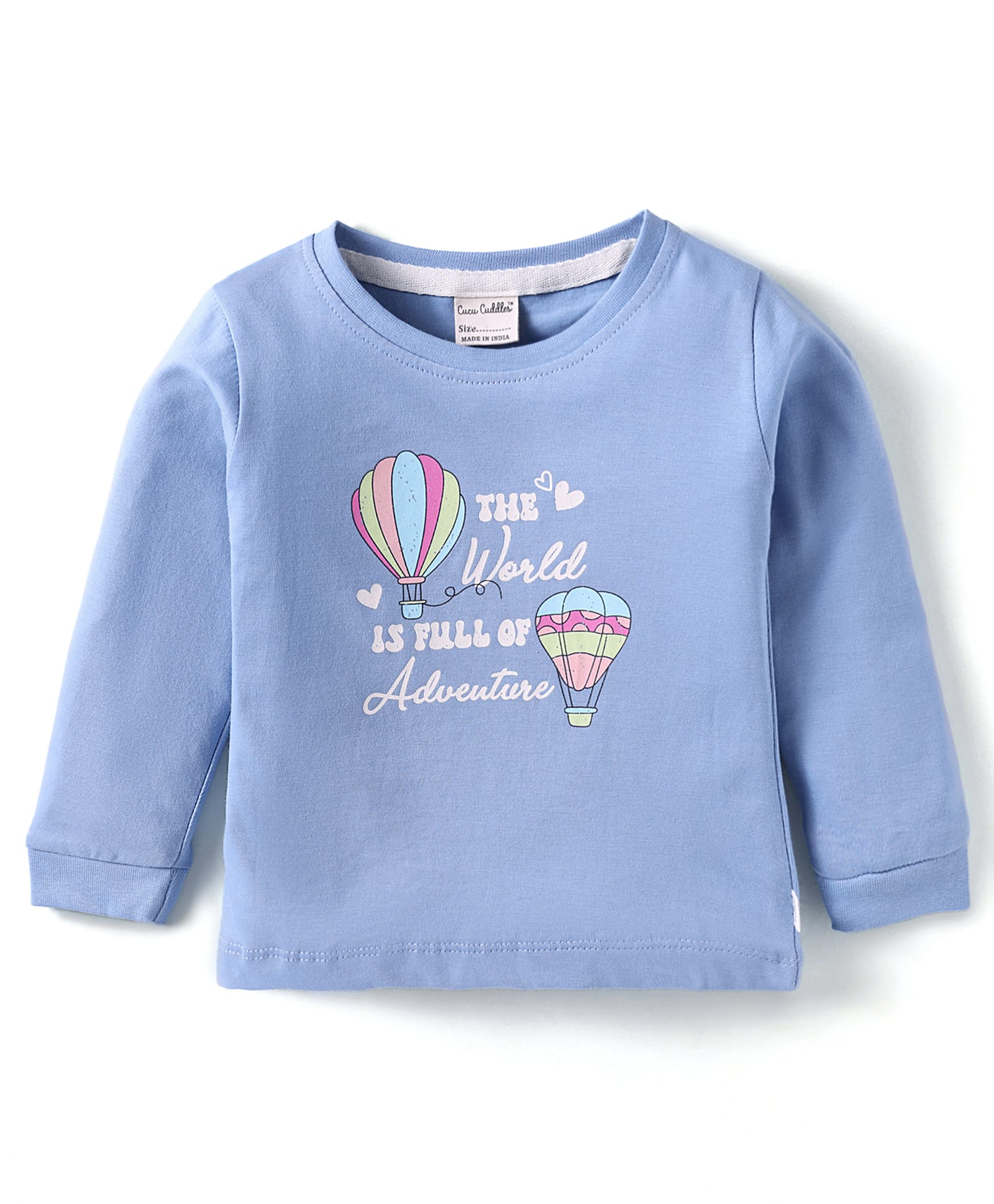 CUCUMBER Sinker Knit Full Sleeves T-Shirt with The World is Full of Adventure Text Print - Light Blue-image-42