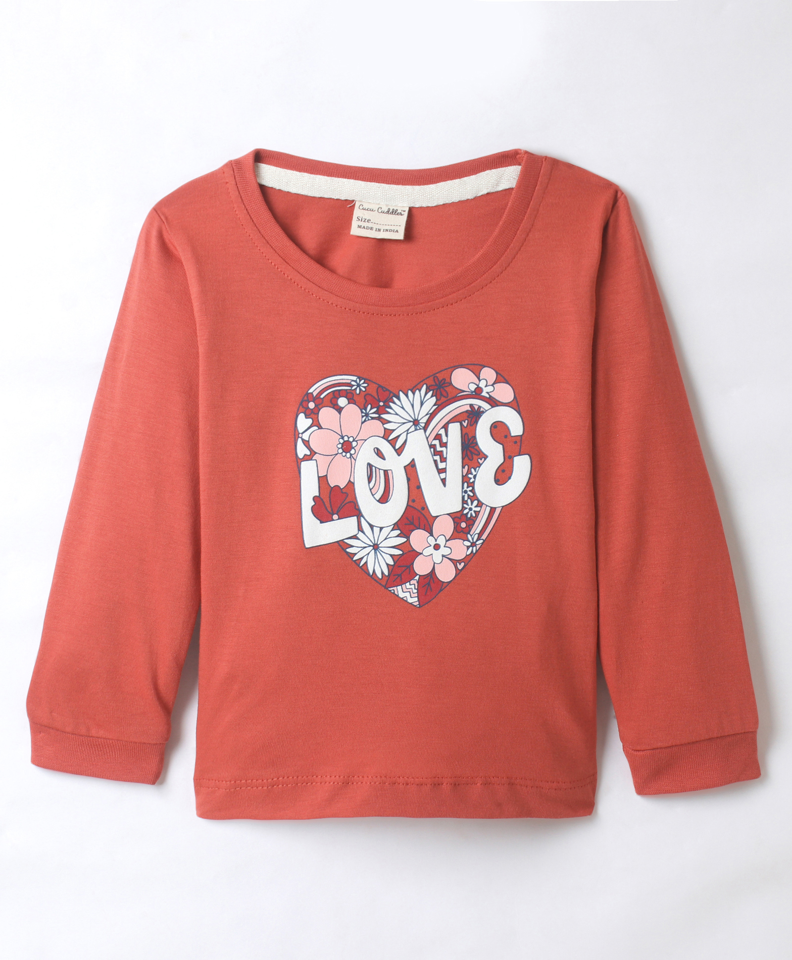 CUCUMBER Sinker Knit Full Sleeves T-Shirt with Heart Print - Rust Orange-image-13