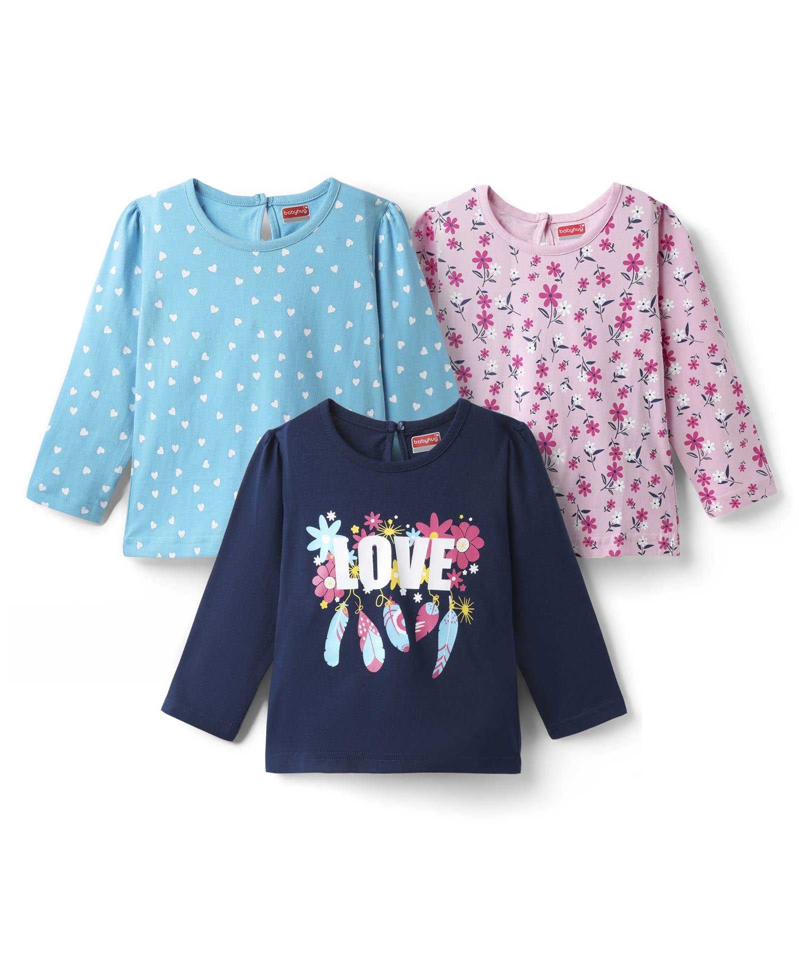 Babyhug 100% Cotton Knit Full Sleeves T-Shirts with Hearts & Floral Print Pack of 3 - Pink Light & Navy Blue-picture-32