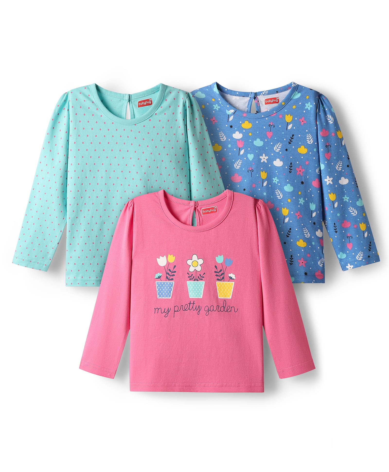 Babyhug 100% Cotton Knit Full Sleeves T-Shirts with Floral & Polka Dots Print Pack of 3 - Pink Blue & Sea Green-image-41