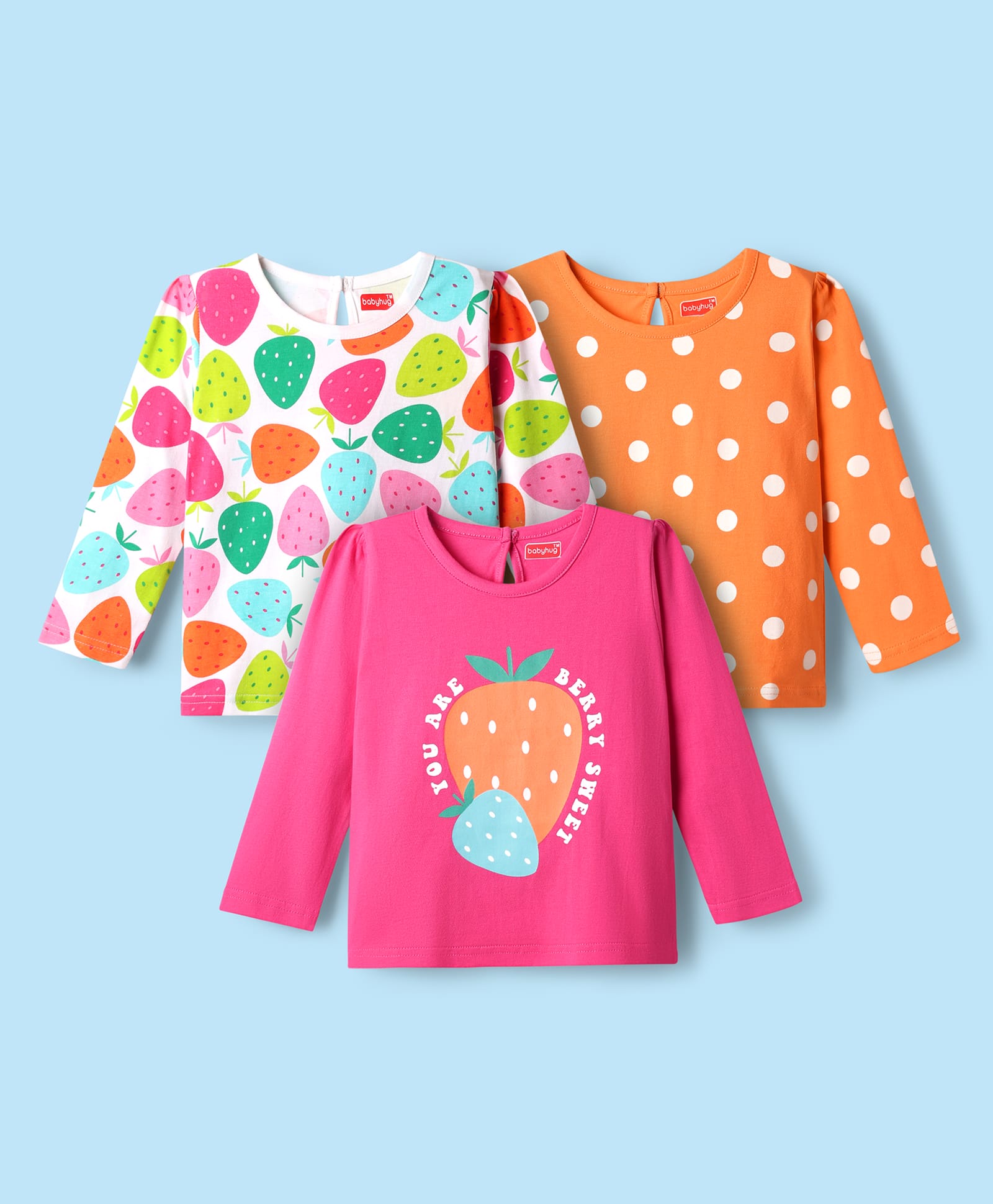 Babyhug 100% Cotton Knit Full Sleeves T-Shirts with Strawberry & Polka Dots Print Pack of 3 - White Pink & Orange-picture-12