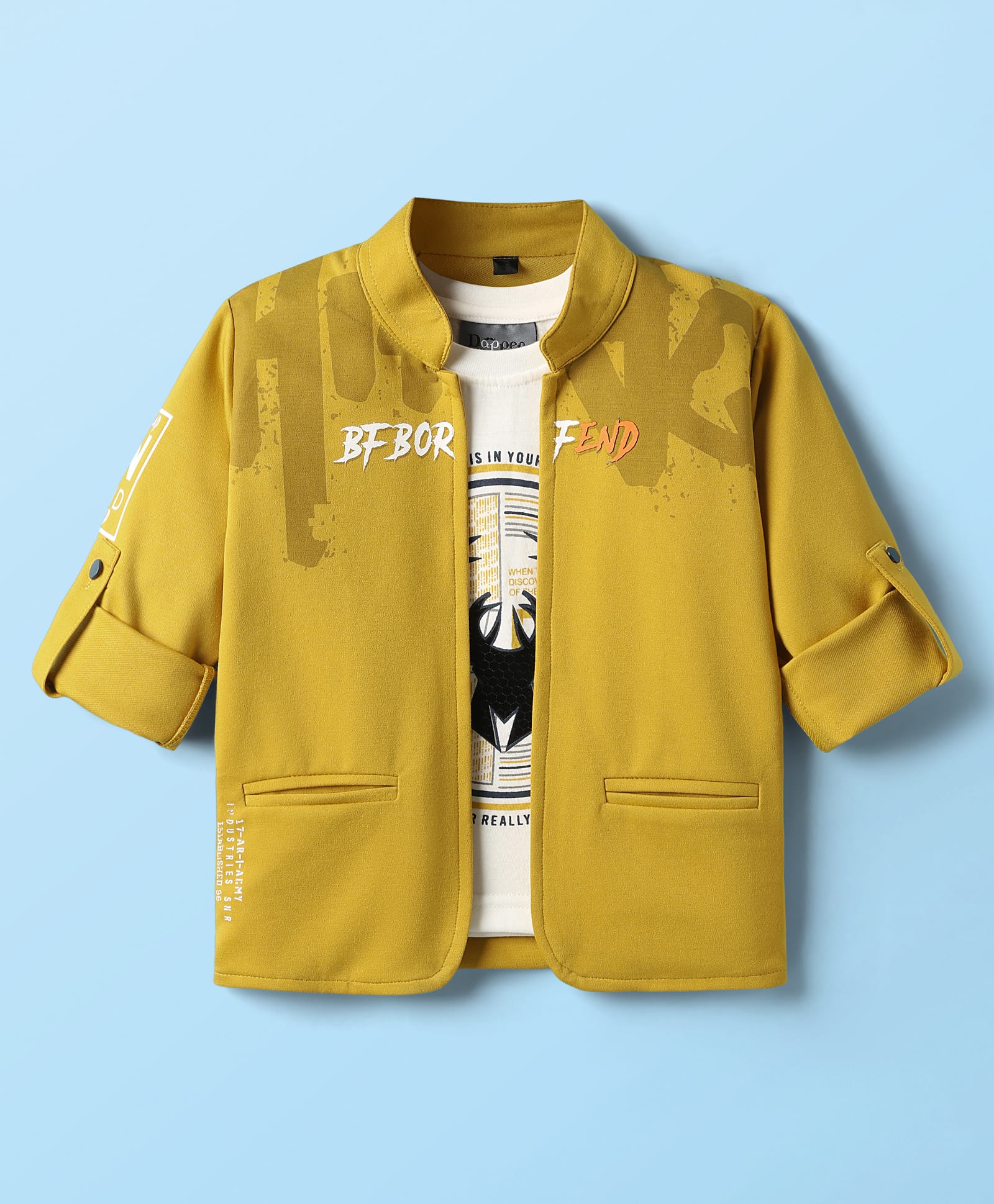 Dapper Dudes Full Sleeves Typography Printed Jacket With Tee - Mustard-image-15