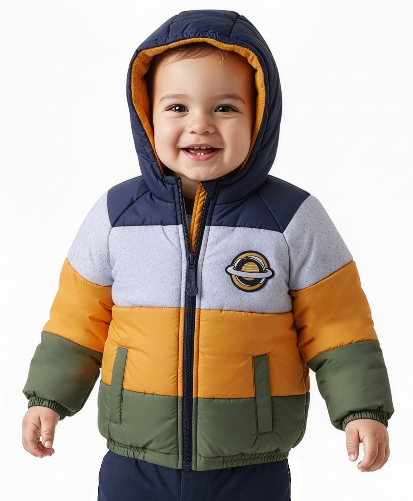 babyoye woven full raglan sleeves hooded padded jacket with planet patch - multicolor