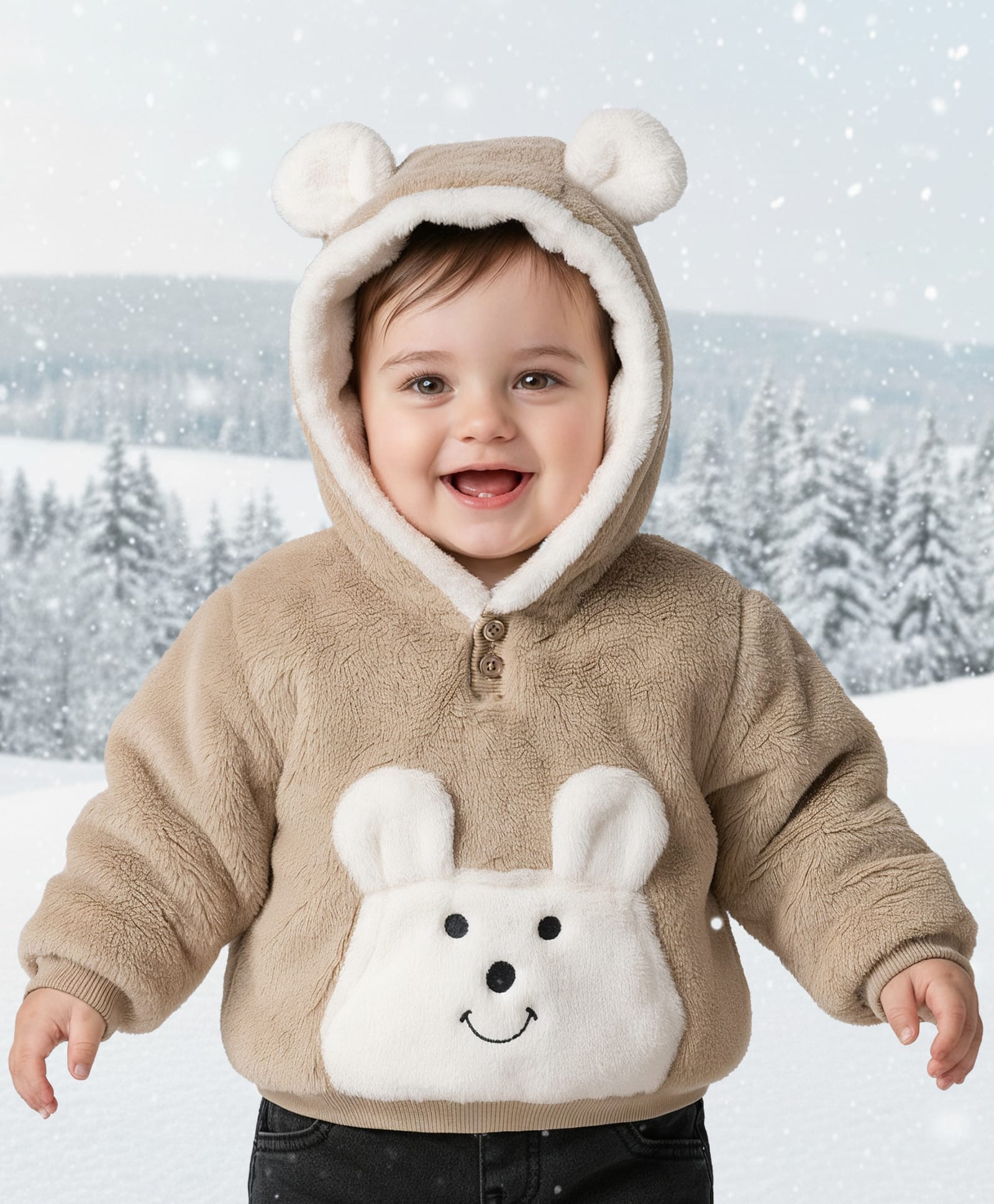 Babyoye Woven Full Sleeves Hooded Winter Jacket With Animal Embroidery & Kangaroo Pockets - Brown-image-40
