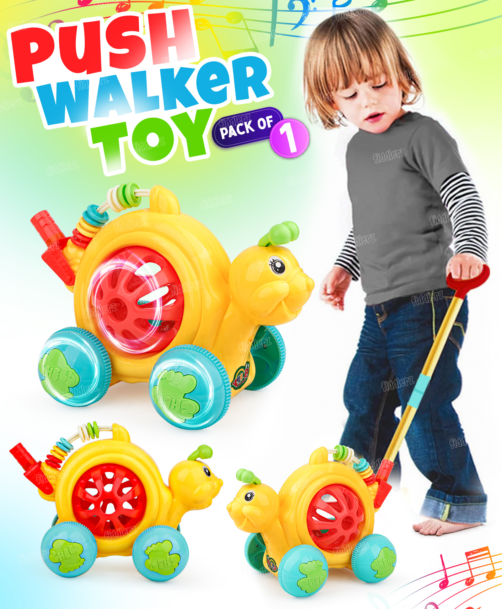 Fiddlerz Pushing Toys for Kids Cord-Powered Push and Pull Along Dino and Snail with Sound Walking Toys for Baby Boys and Girls Multicolor (Pack of 1)- Random Design-image-11
