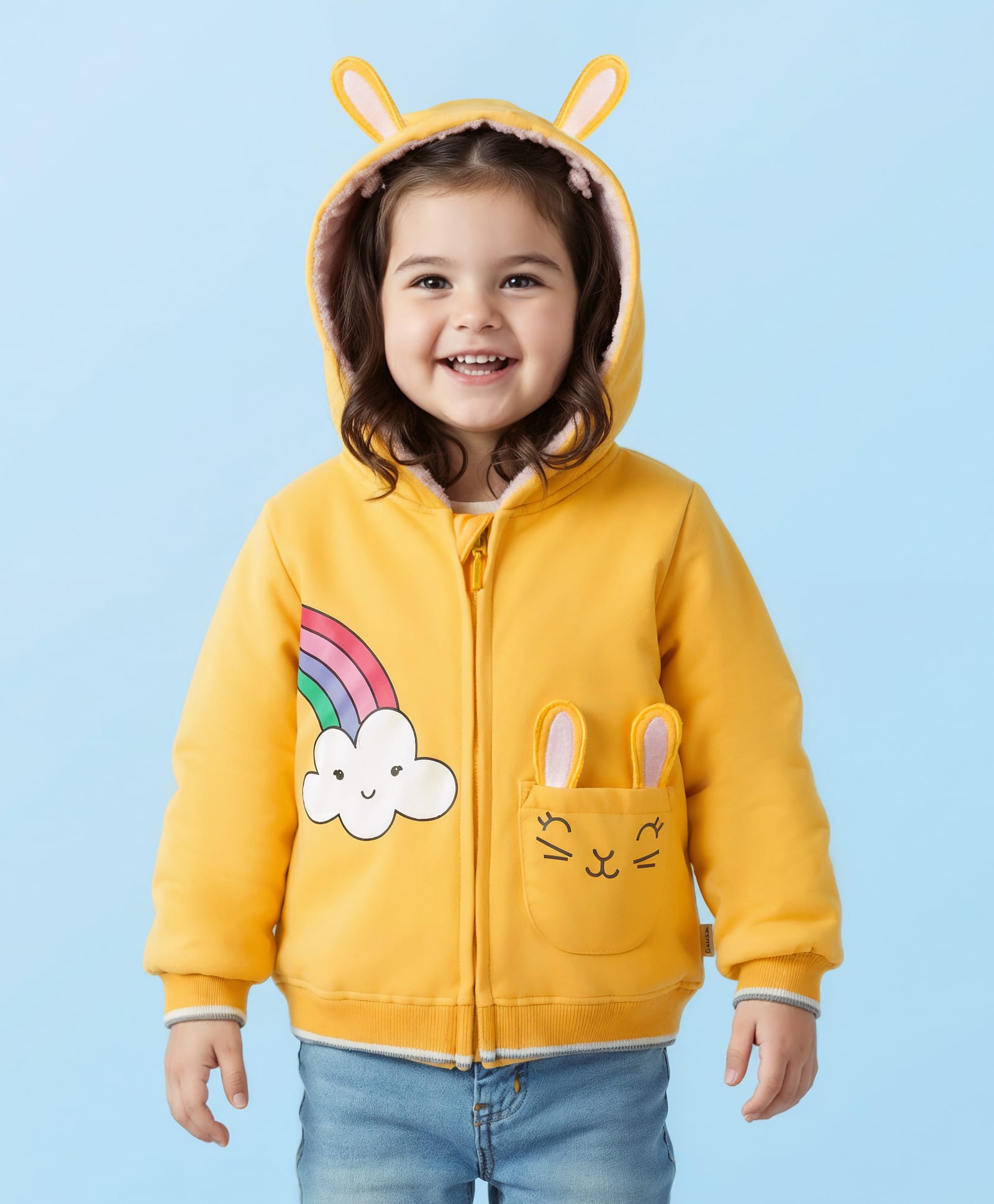 Babyhug Cotton Knit Full Sleeves Hooded Sweatjacket With Rainbow Graphics & Cat Embroidery - Yellow-image-16
