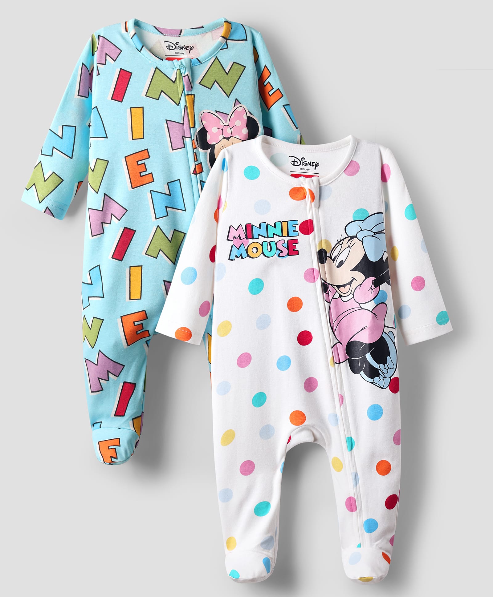Babyhug Disney Interlock Knit Full Sleeves Footed Front Open Sleep Suits with Minnie Mouse Graphics Pack of 2 - White & Light Blue-image-9