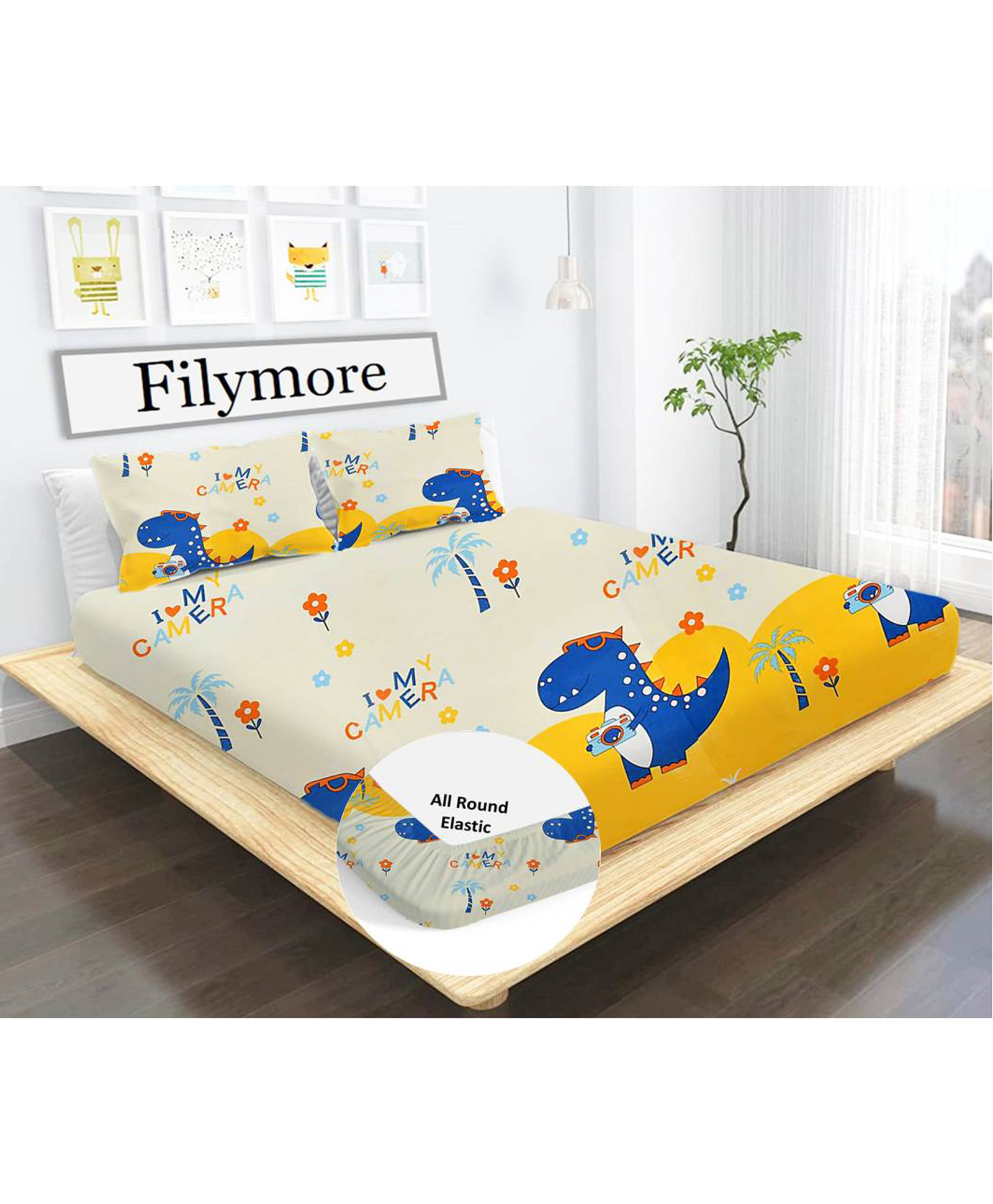 Filymore Dinosaur Elastic Fitted bedsheet for double bed 240 TC made with pure microfiber 1 bedsheet and 2 pillow covers (Size 72x72 inches)fit up to 6 inches mattress(Colour-Ivory and Yellow)-picture-13